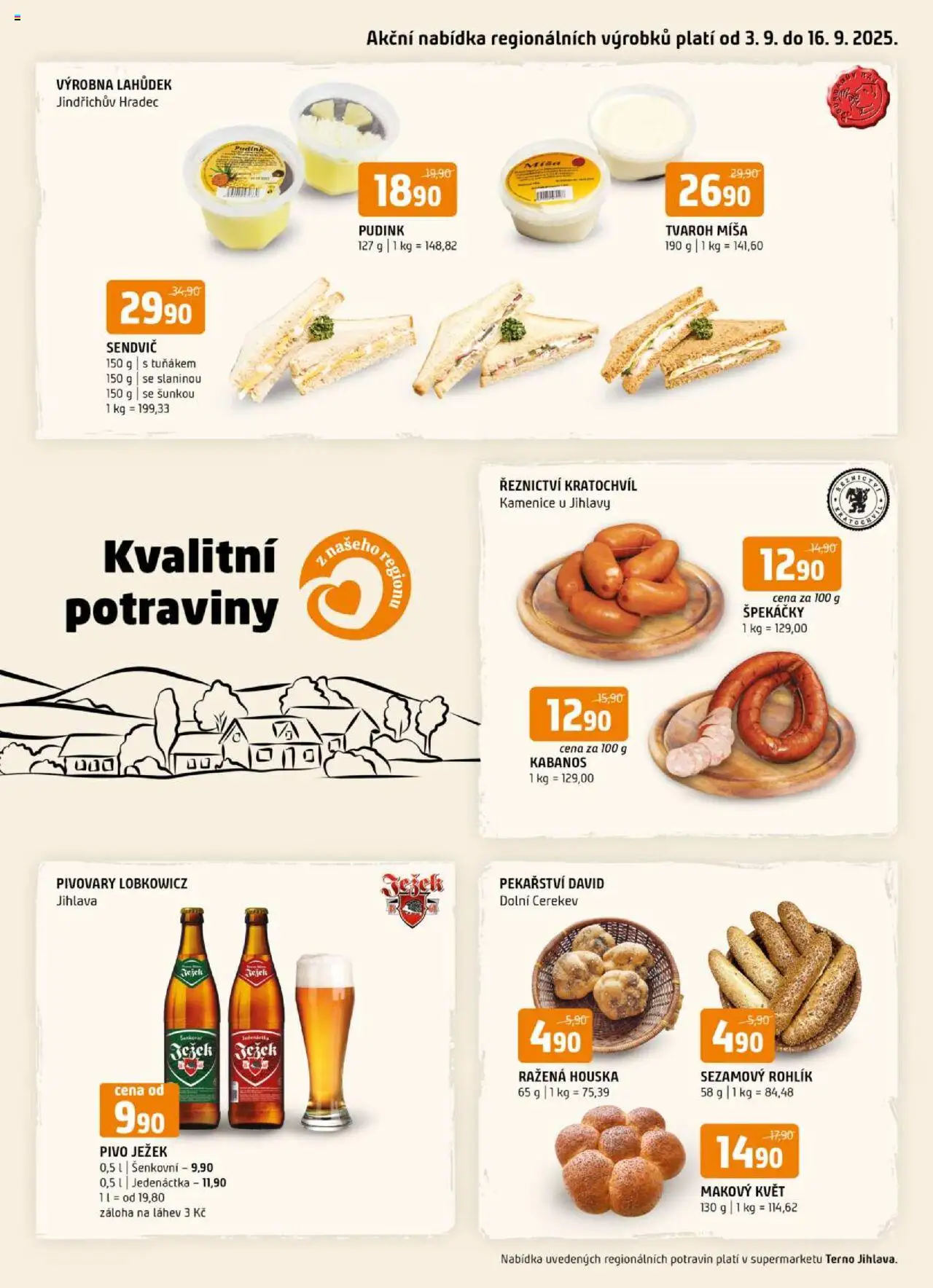 Terno leták - Kvalitní potraviny z našeho regionu od 03.09.2025 | Strana: 1 | Produkty: Pivo, Špekáčky, Tvaroh, Láhev