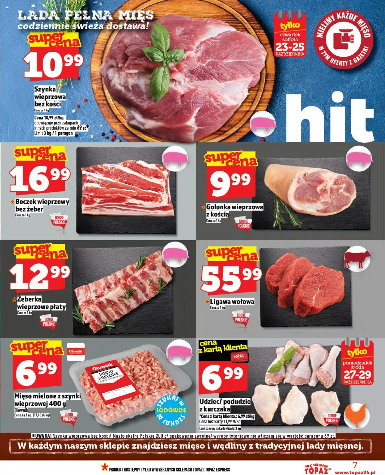 Topaz Gazetka od 23.10.2025 | Strona: 7 | Produkty: Boczek wieprzowy, Szynka wieprzowa, Mięso mielone, Masło