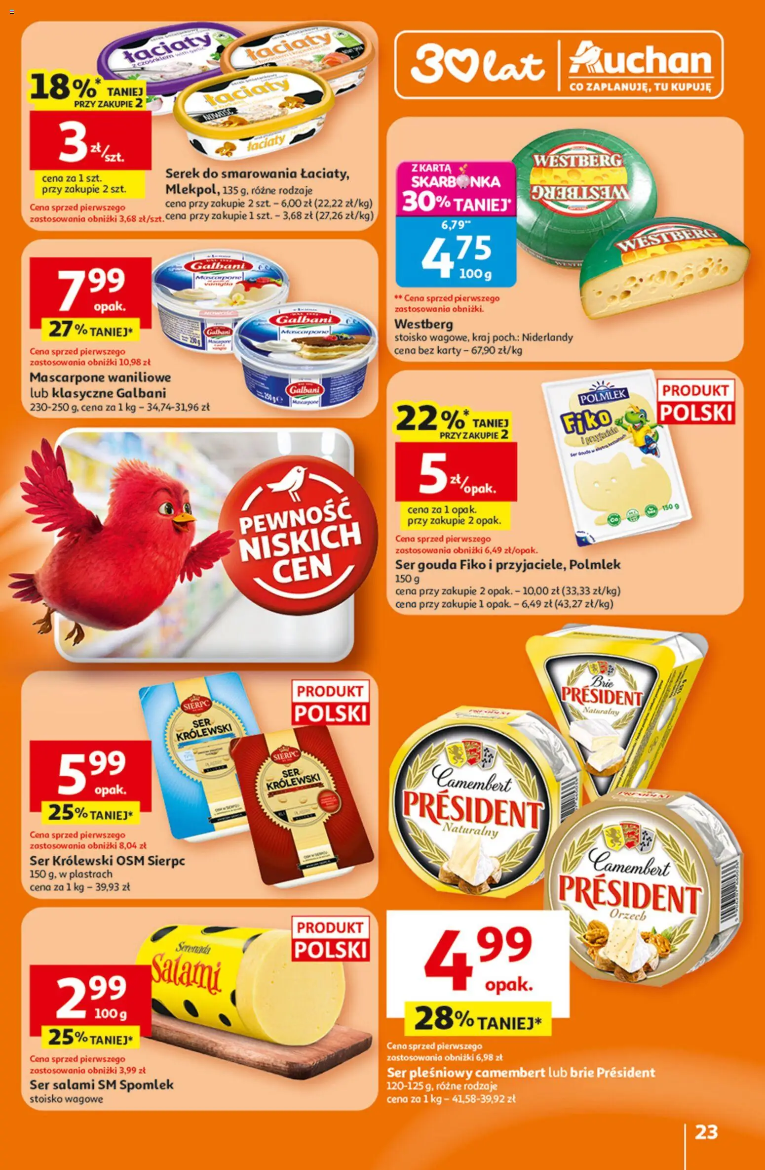 Auchan Gazetka - 30 Lat Hipermarket od 26.02.2026 | Strona: 23 | Produkty: Ser pleśniowy, Serek, Ser, Salami