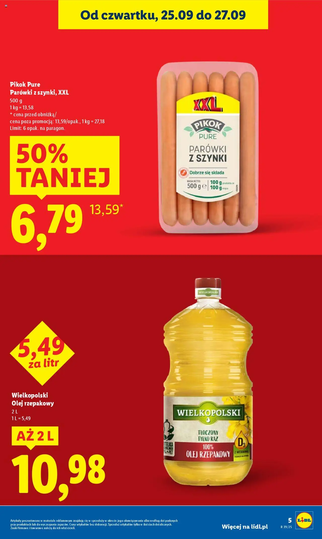 Lidl Gazetka od 25.09.2025 | Strona: 5 | Produkty: Olej rzepakowy, Parówki z szynki, Parówki, Olej