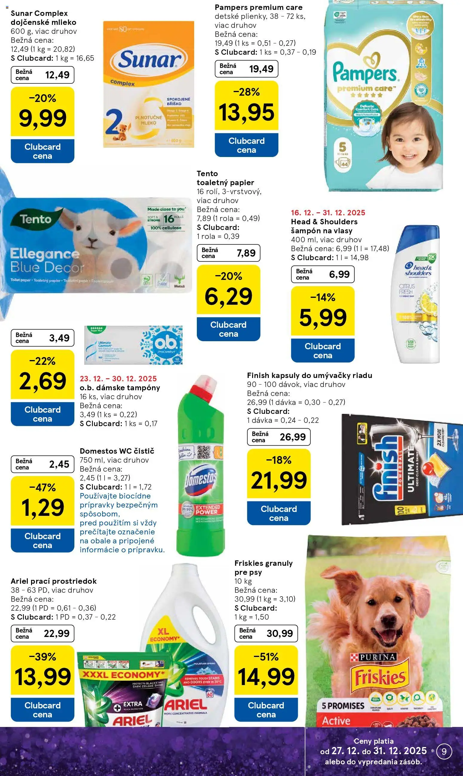 Nové Tesco akcie – leták je platný od 27.12.2025 | Strana: 9 | Produkty: Mlieko, Toaletný papier, Sunar, Domestos