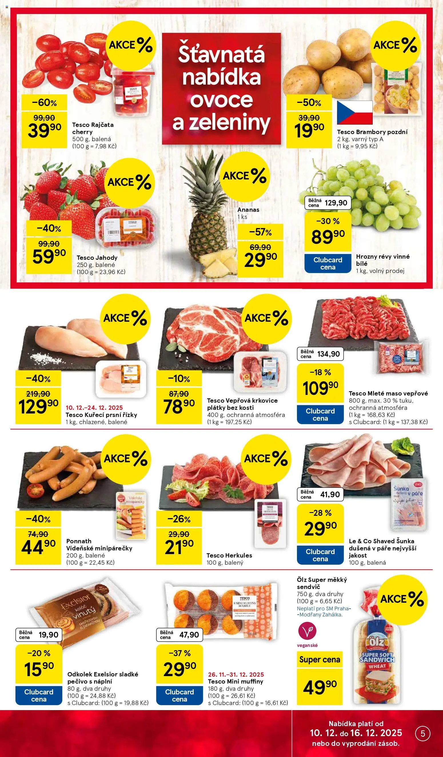 Tesco leták - Supermarket od 10.12.2025 | Strana: 5 | Produkty: Jahody, Kuřecí prsní řízky, Hrozny, Vepřová krkovice