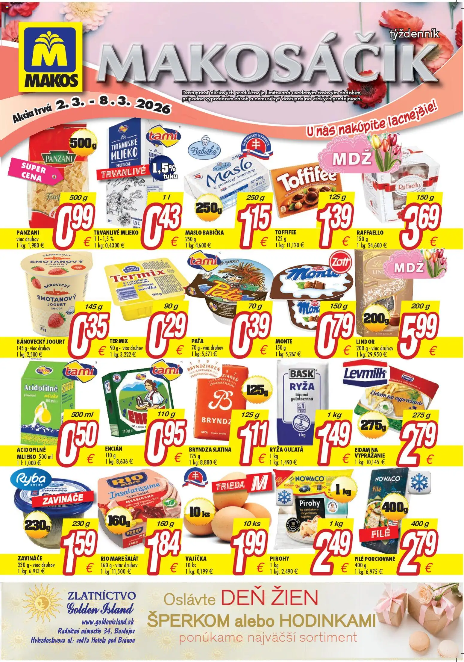 Nové Makos akcie – leták je platný od 02.03.2026 | Strana: 1 | Produkty: Lindor, Bryndza, Šariš, Trvanlivé mlieko