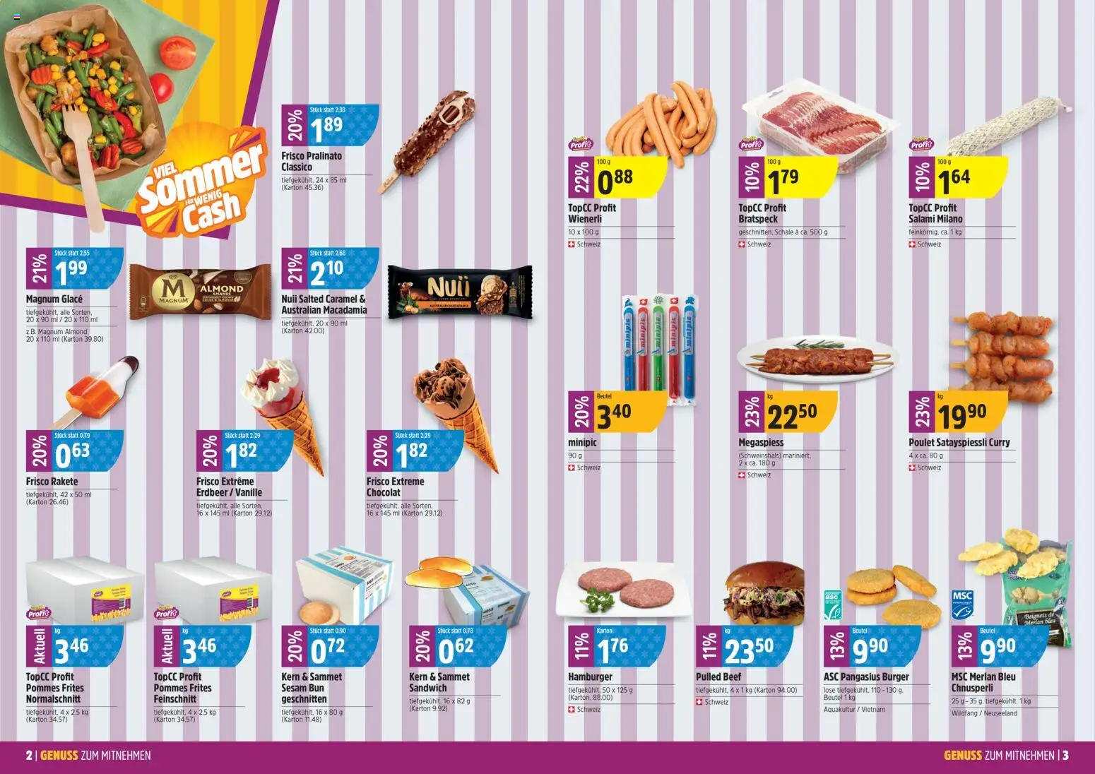 TopCC aktionen Genuss – gültig ab 13.04.2026 | Seite: 2 | Produkte: Burger, Glace, Pommes Frites, Salami