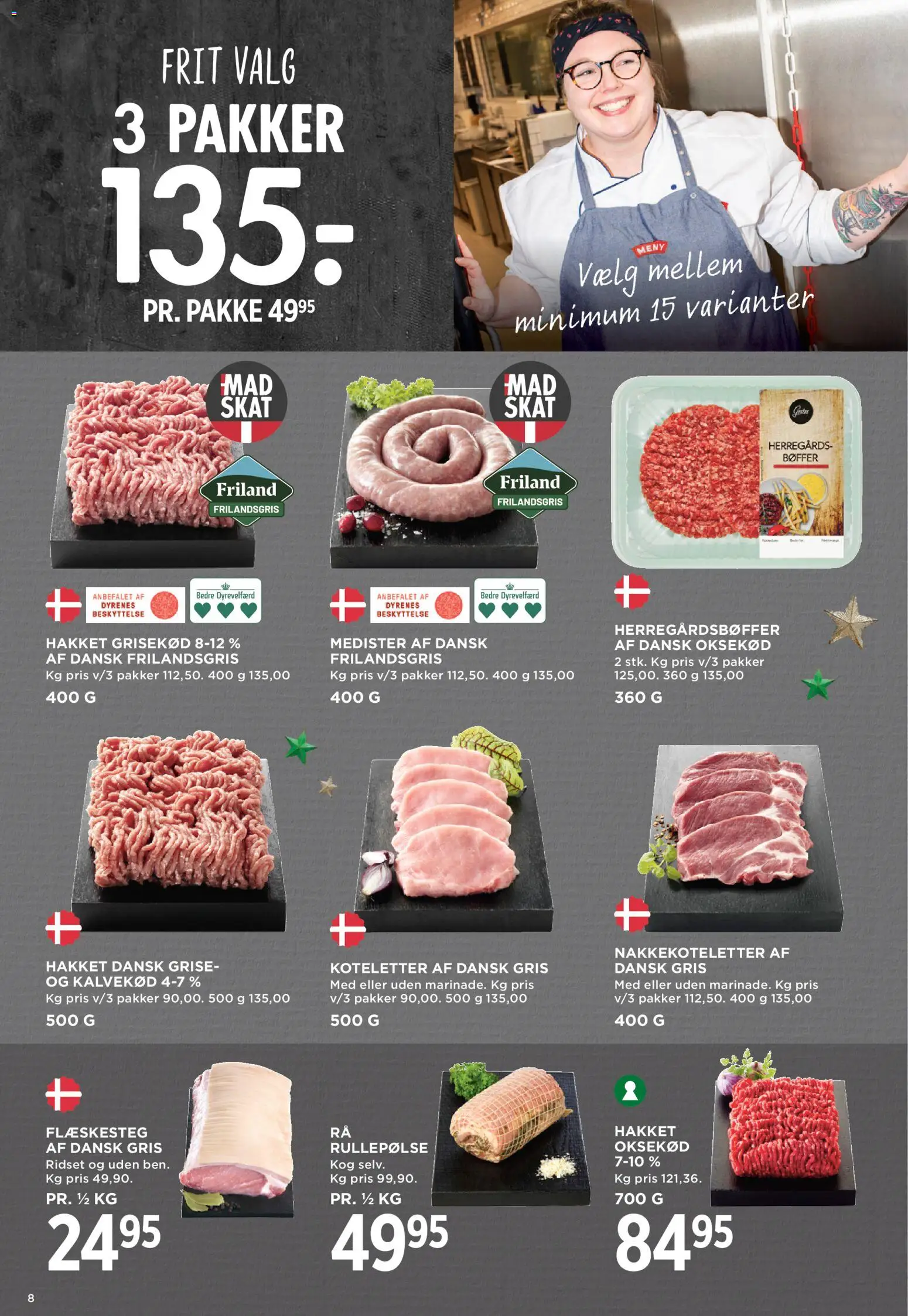 Meny tilbudsavis – gyldig fra 07.11.2025 | Side: 8 | Produkter: Koteletter, Oksekød, Rullepølse, Flæskesteg