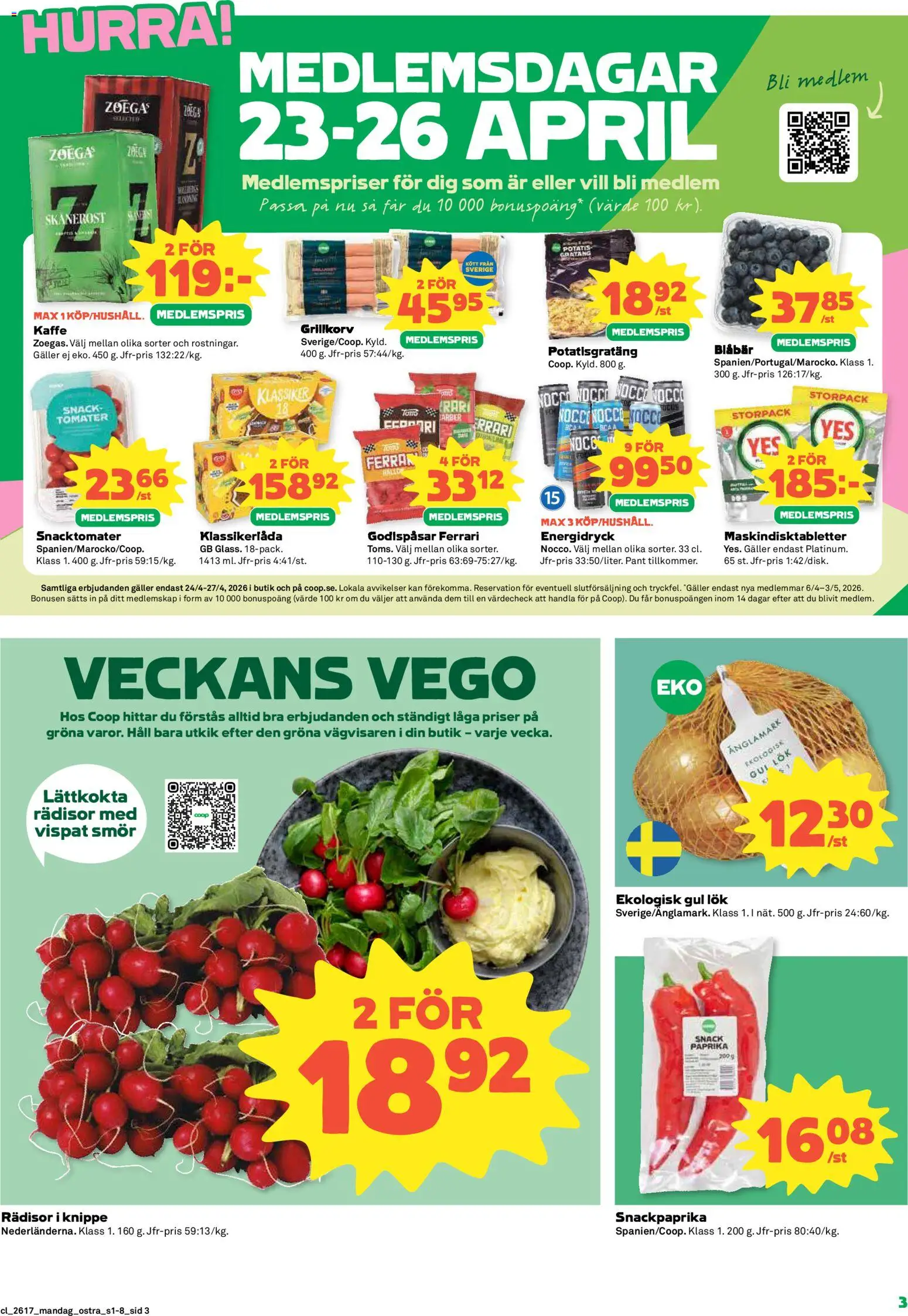 Coop Daglivs reklamblad aktuell från 20.04.2026 | Sida: 3 | Produkter: Smör, Kaffe, Gul lök, Tomater