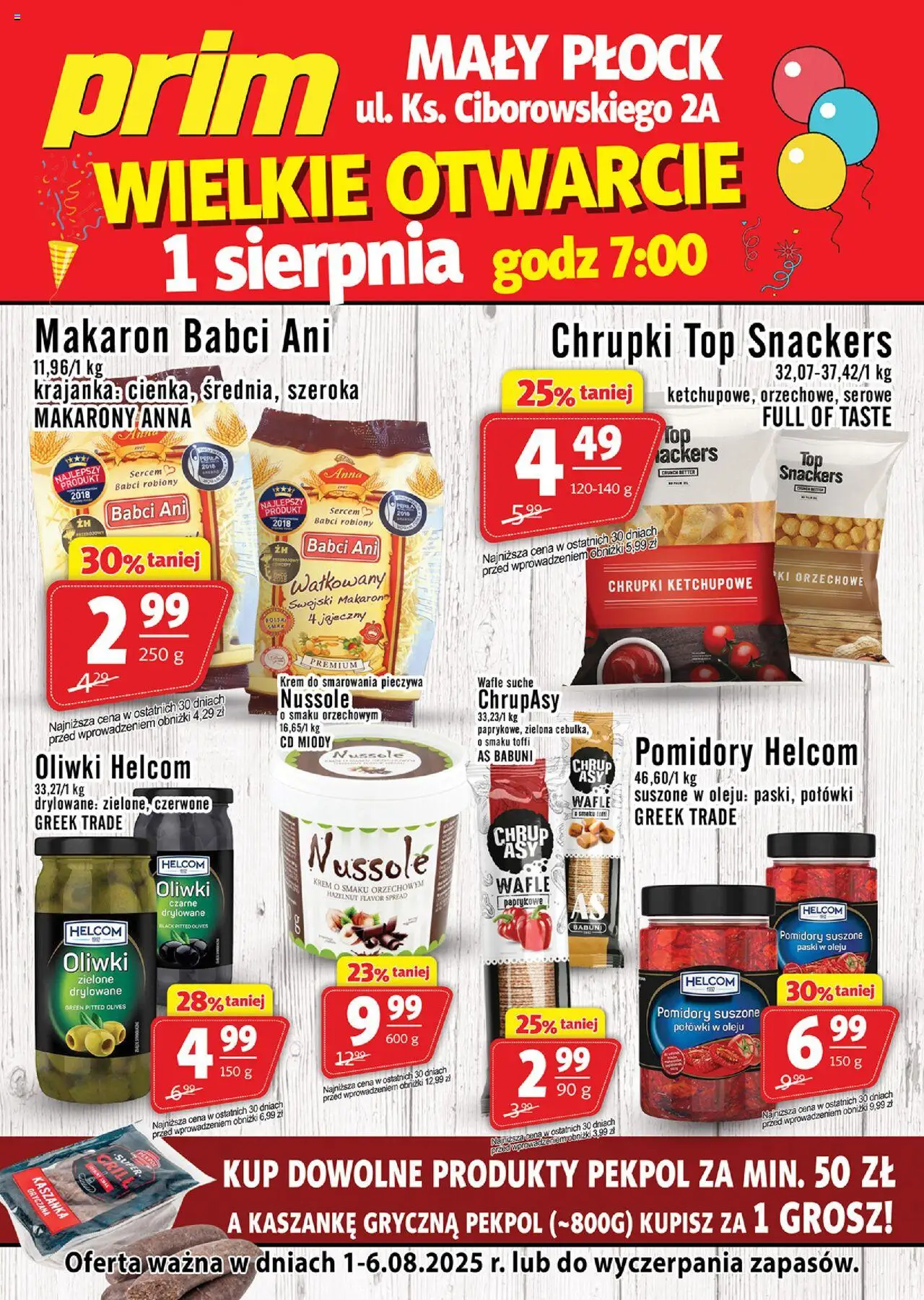 Prim Market Gazetka - Wielkie Otwarcie Mały Płock dodatkowa od 01.08.2025 | Strona: 1 | Produkty: Wafle, Kaszanka, Pomidory, Makaron
