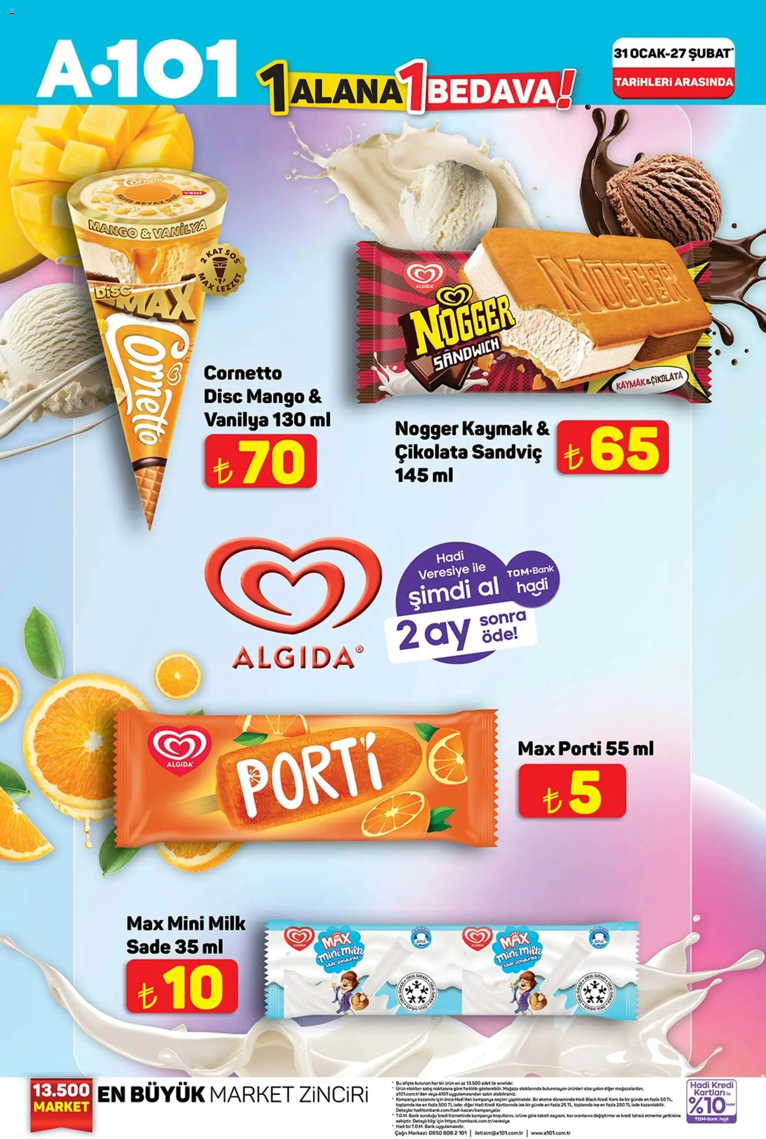 A101 1 Alana 1 Bedava - 31.01.2026 tarihinden itibaren geçerlidir | Sayfa: 1 | Ürünler: Çikolata, Dondurma, Sos, Mango