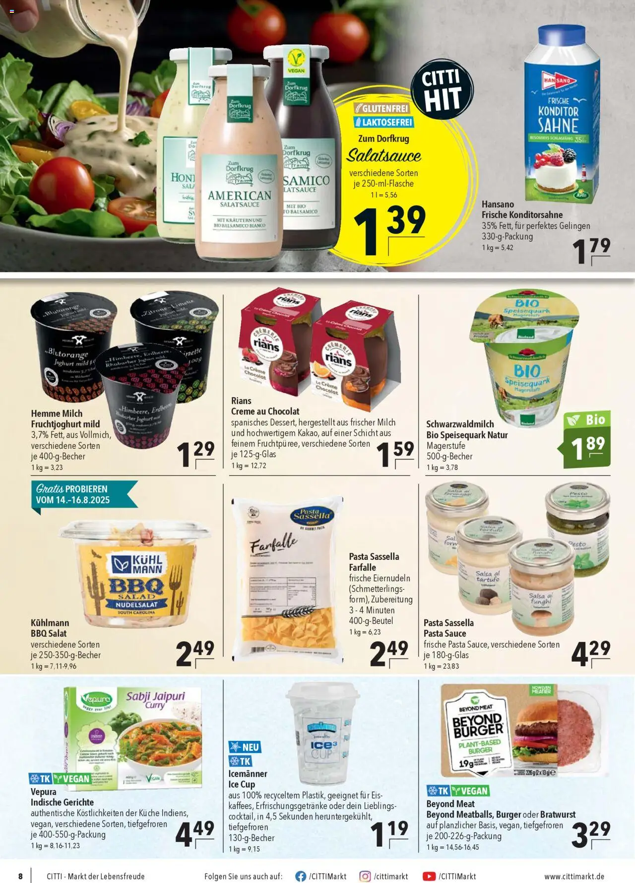 CITTI Markt Prospekt 	 - gültig ab dem 13.08.2025 | Seite: 8 | Produkte: Milch, Bratwurst, Küche, Salat