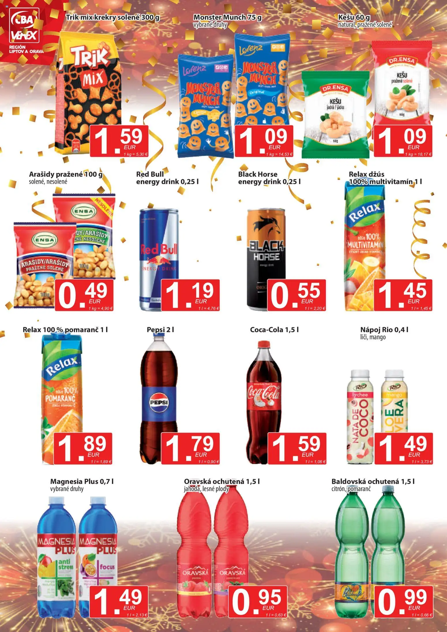 Nové CBA Verex akcie – leták je platný od 15.12.2025 | Strana: 8 | Produkty: Džús, Pepsi, Arašidy, Baldovská