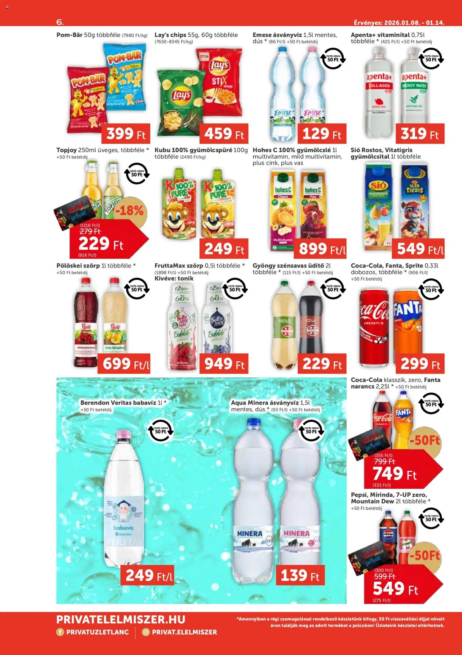 PRIVÁT akciós ujság - amely érvényes a következő dátumtól: 08.01.2026 | Oldal: 6 | Termékek: Chips, Gyümölcsital, Hohes c, Cola