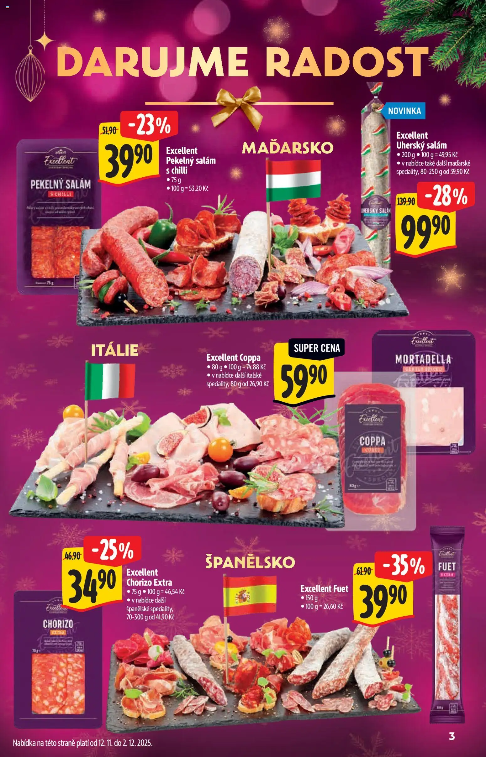 Albert katalog - Supermarket od 12.11.2025 | Strana: 3 | Produkty: Salám, Uherský salám, Mortadella, Fuet