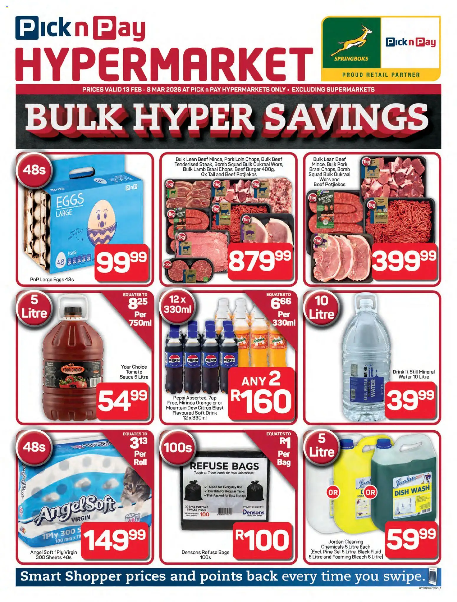 New Pick n Pay catalogue – valid from 13.02.2026 | Page: 1 | Products: Bleach, Eggs, Pork, Water