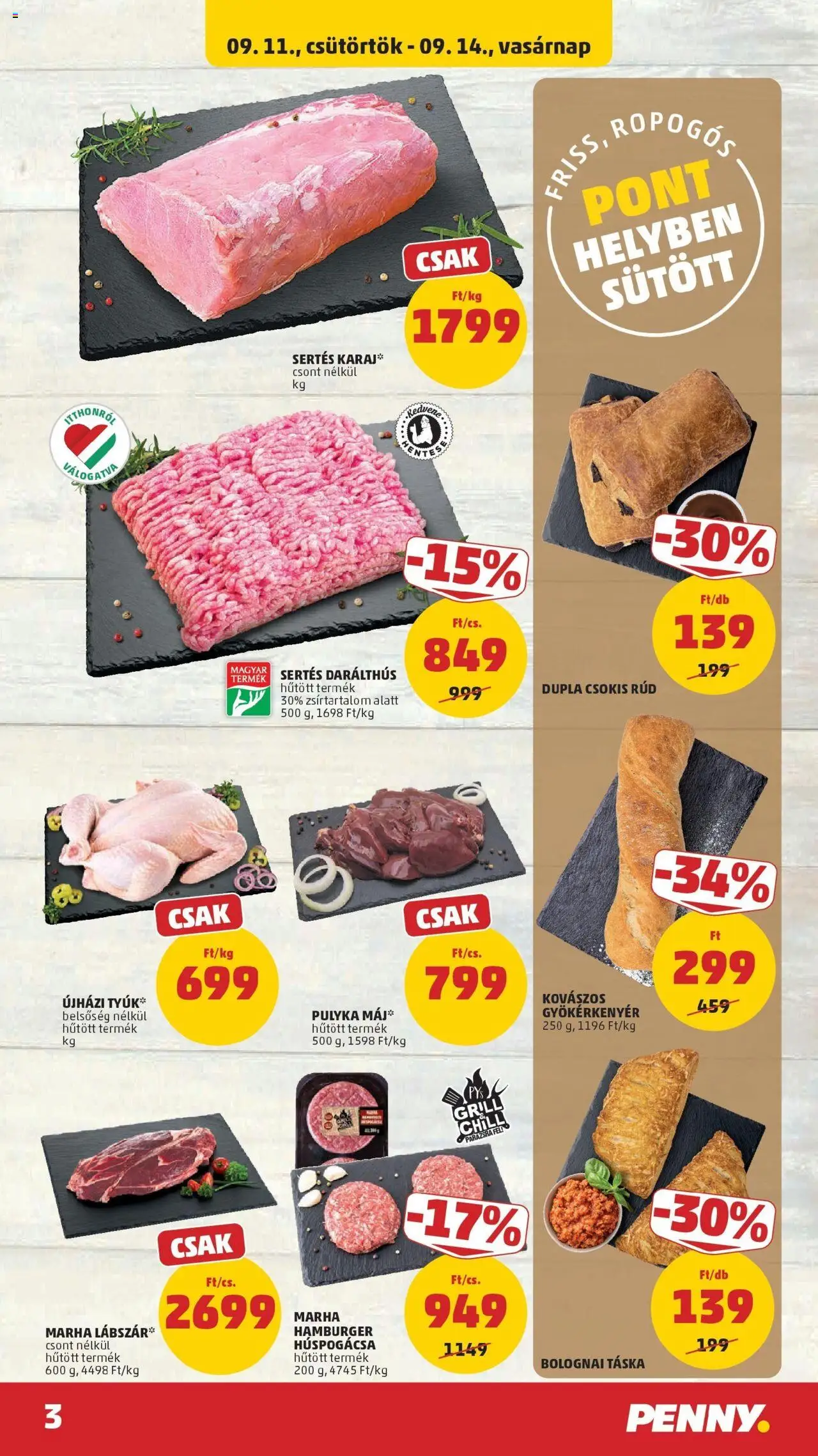 PENNY akciós ujság - amely érvényes a következő dátumtól: 11.09.2025 | Oldal: 3 | Termékek: Hamburger, Táska, Grill, Karaj
