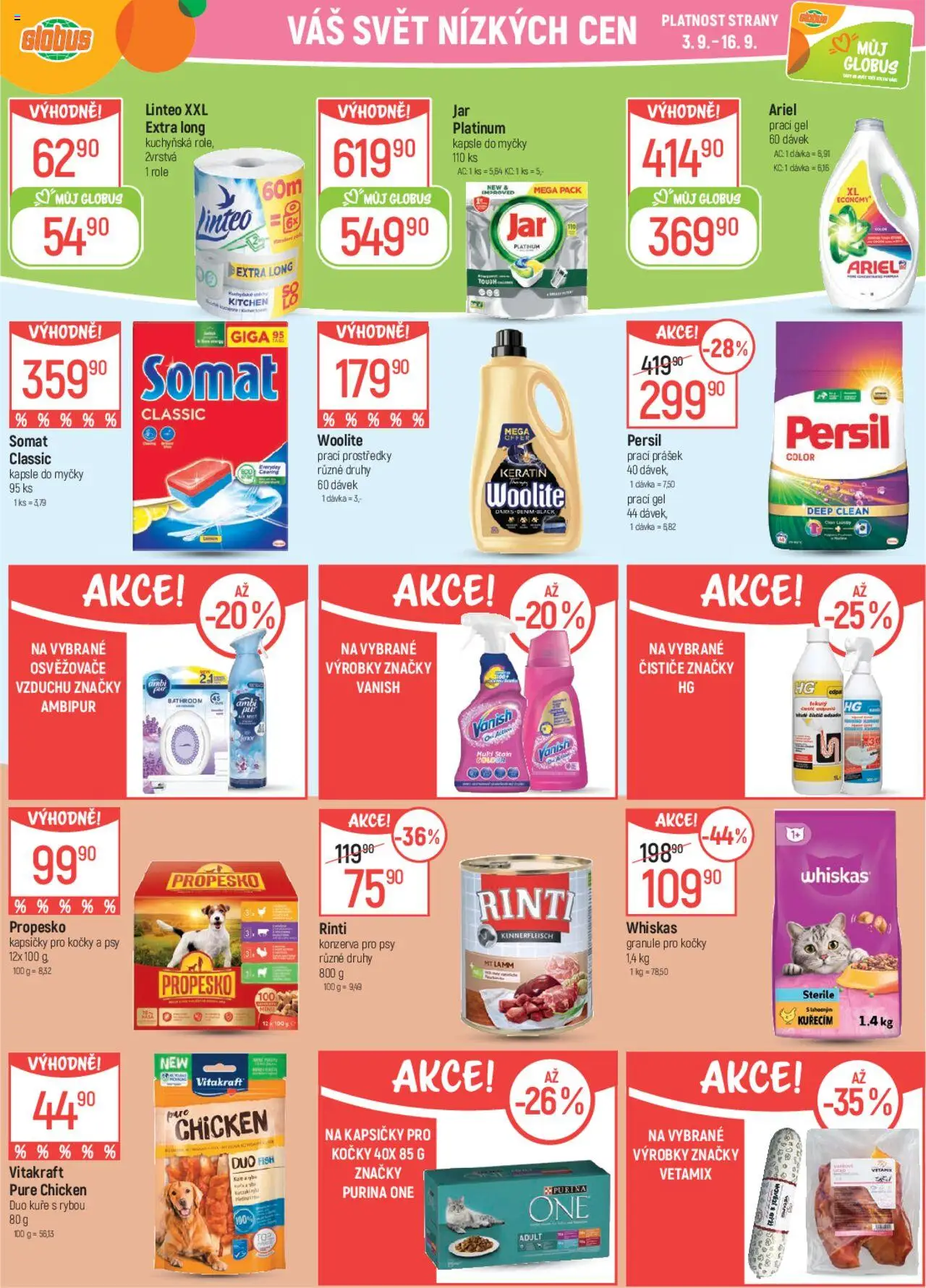 Globus leták od 03.09.2025 | Strana: 28 | Produkty: Prací gel, Kapsičky pro kočky, Woolite, Somat