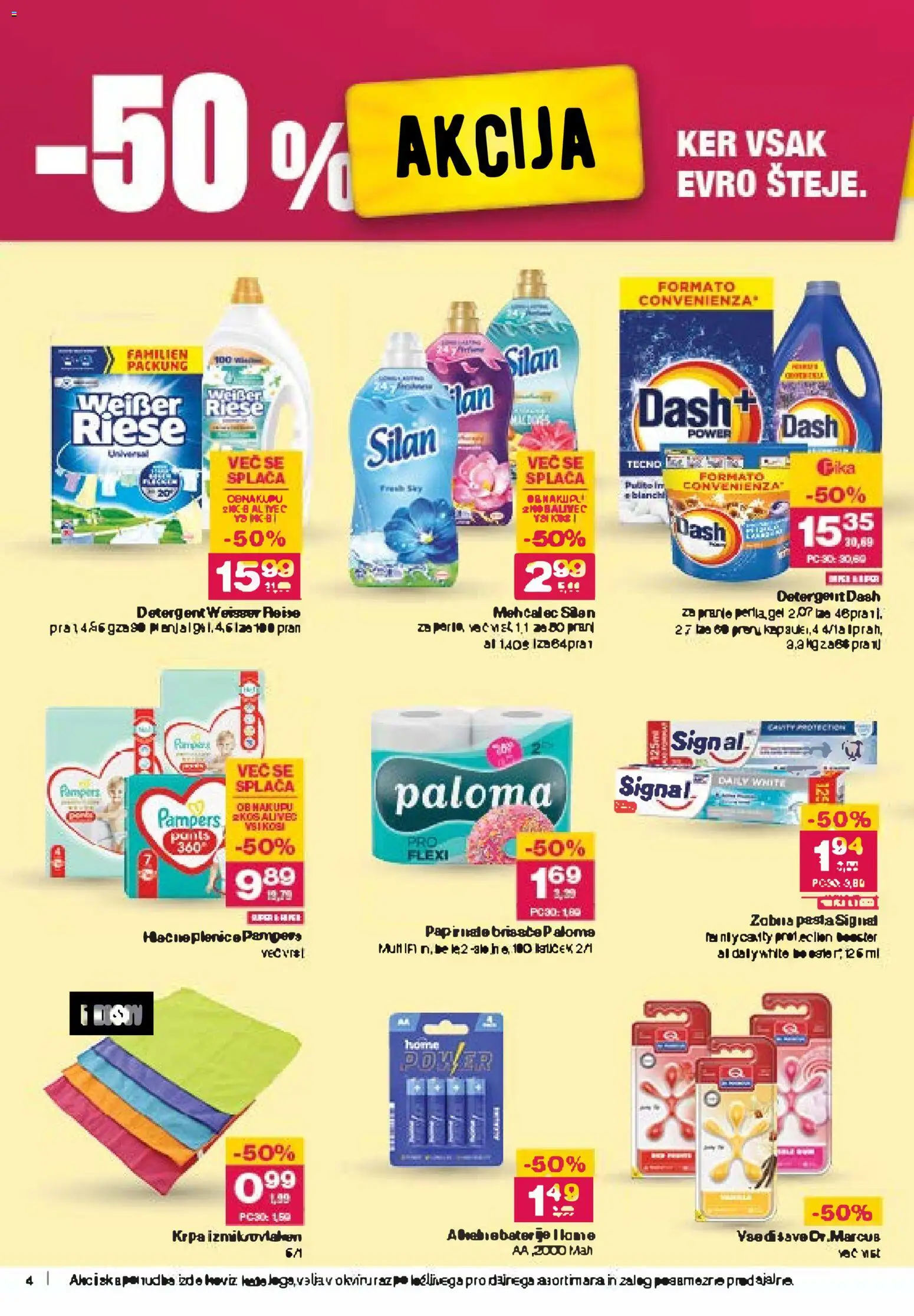 Novi Mercator katalog ponudbe – veljaven od 06.11.2025 | Stran: 4 | Izdelki: Plenice, Mehčalec, Papirnate brisače, Detergent
