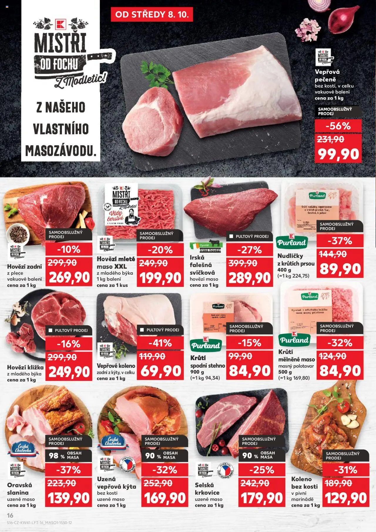 Kaufland leták od 08.10.2025 | Strana: 16 | Produkty: Vepřové koleno, Irské hovězí, Hovězí maso, Vepřová Kýta