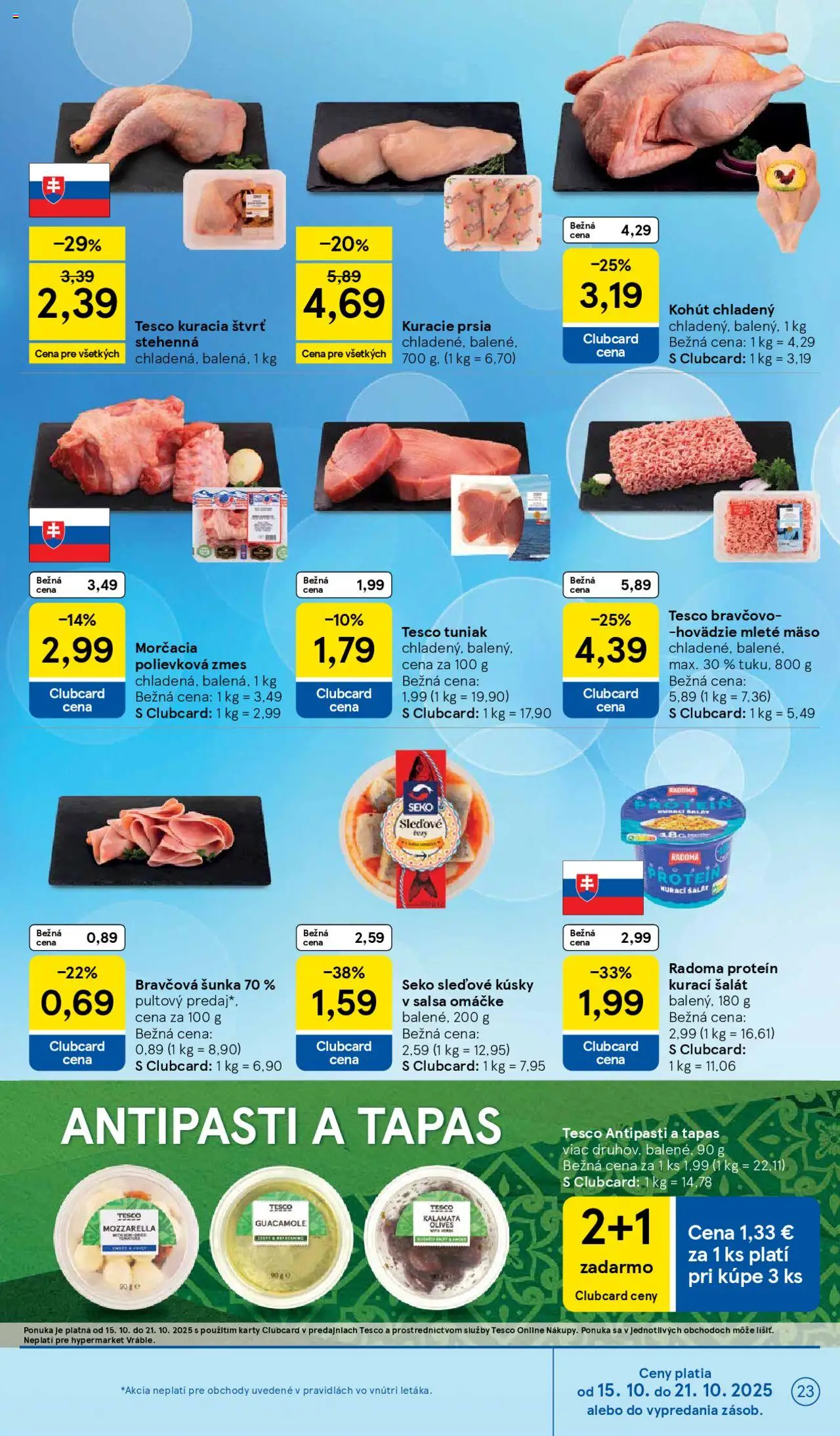 Nové Tesco akcie – leták je platný od 15.10.2025 | Strana: 23 | Produkty: Mozzarella, Kuracie prsia, Šalát, Mleté mäso