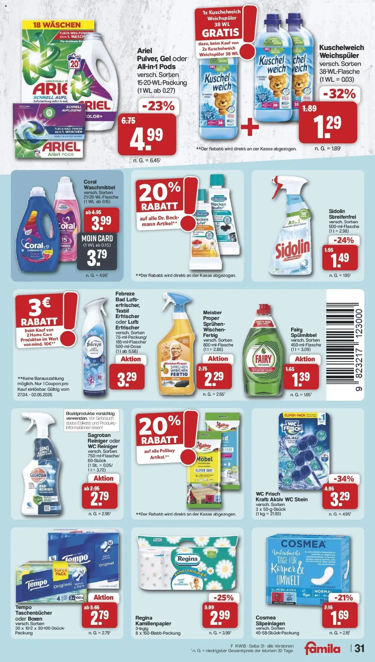 Famila Nordwest Wochenangebote – gültig ab 27.04.2026 | Seite: 31 | Produkte: Lenor, Bad, Coral waschmittel, Wc frisch