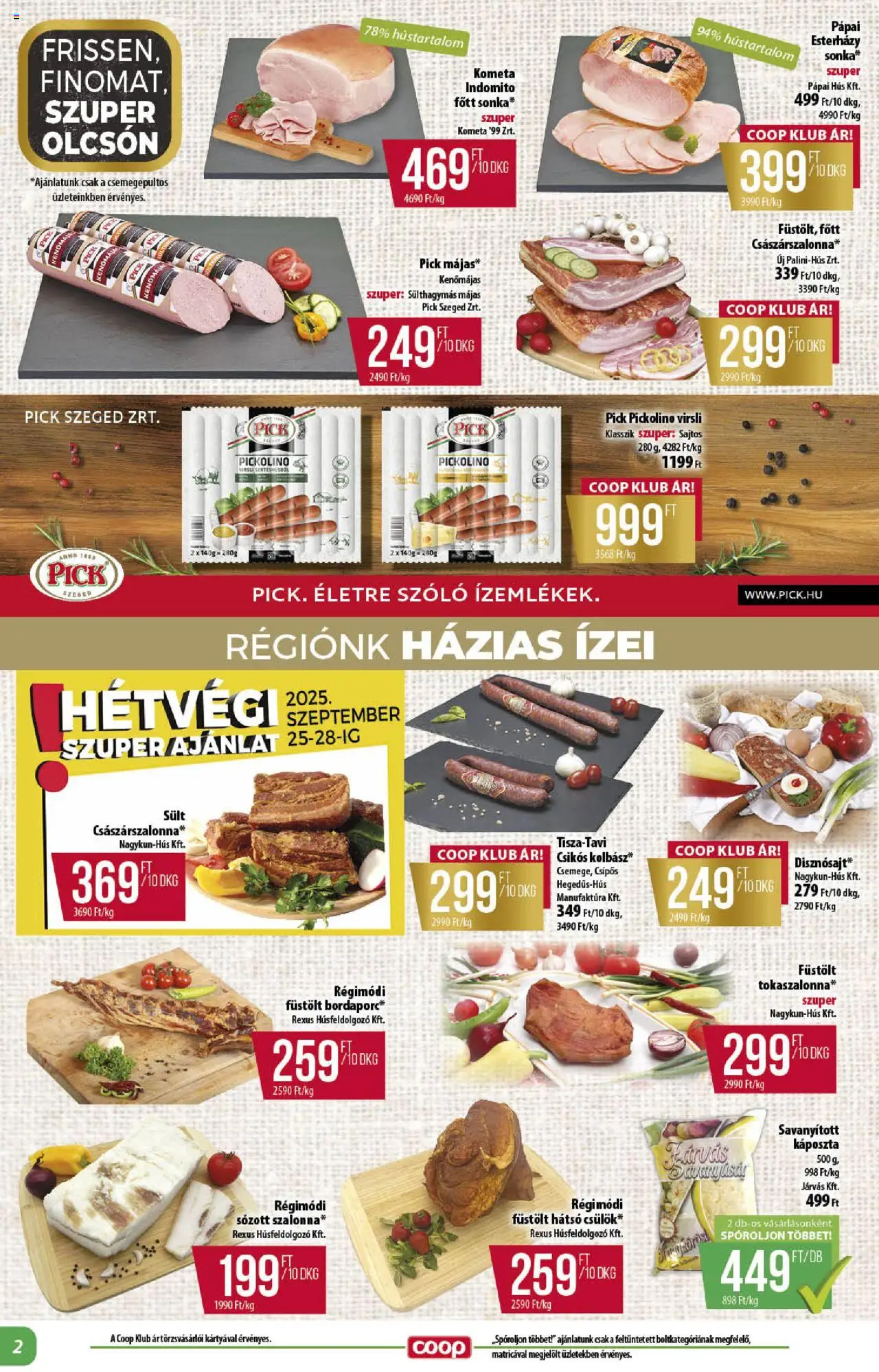 COOP akciós ujság - amely érvényes a következő dátumtól: 25.09.2025 | Oldal: 2 | Termékek: Káposzta, Hús, Kenőmájas, Pick