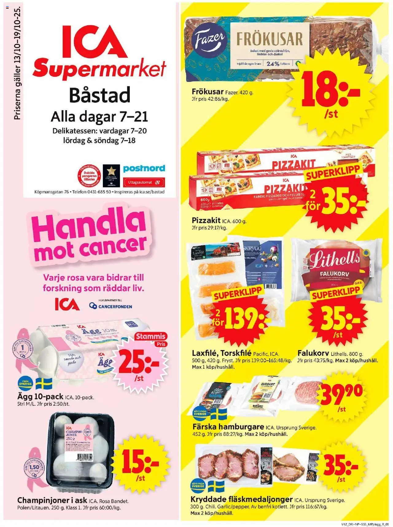 ICA Supermarket reklamblad aktuell från 13.10.2025 | Sida: 1 | Produkter: Kvarn, Ägg, Pizzakit, Tomatsås