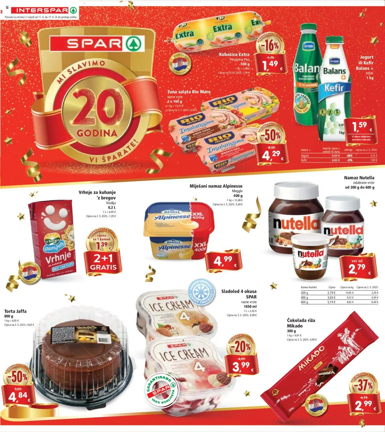 Interspar katalog | vrijedi od 11.06.2025 | Stranica: 2 | Proizvodi: Jogurt, Čokolada, Kobasica, Namaz