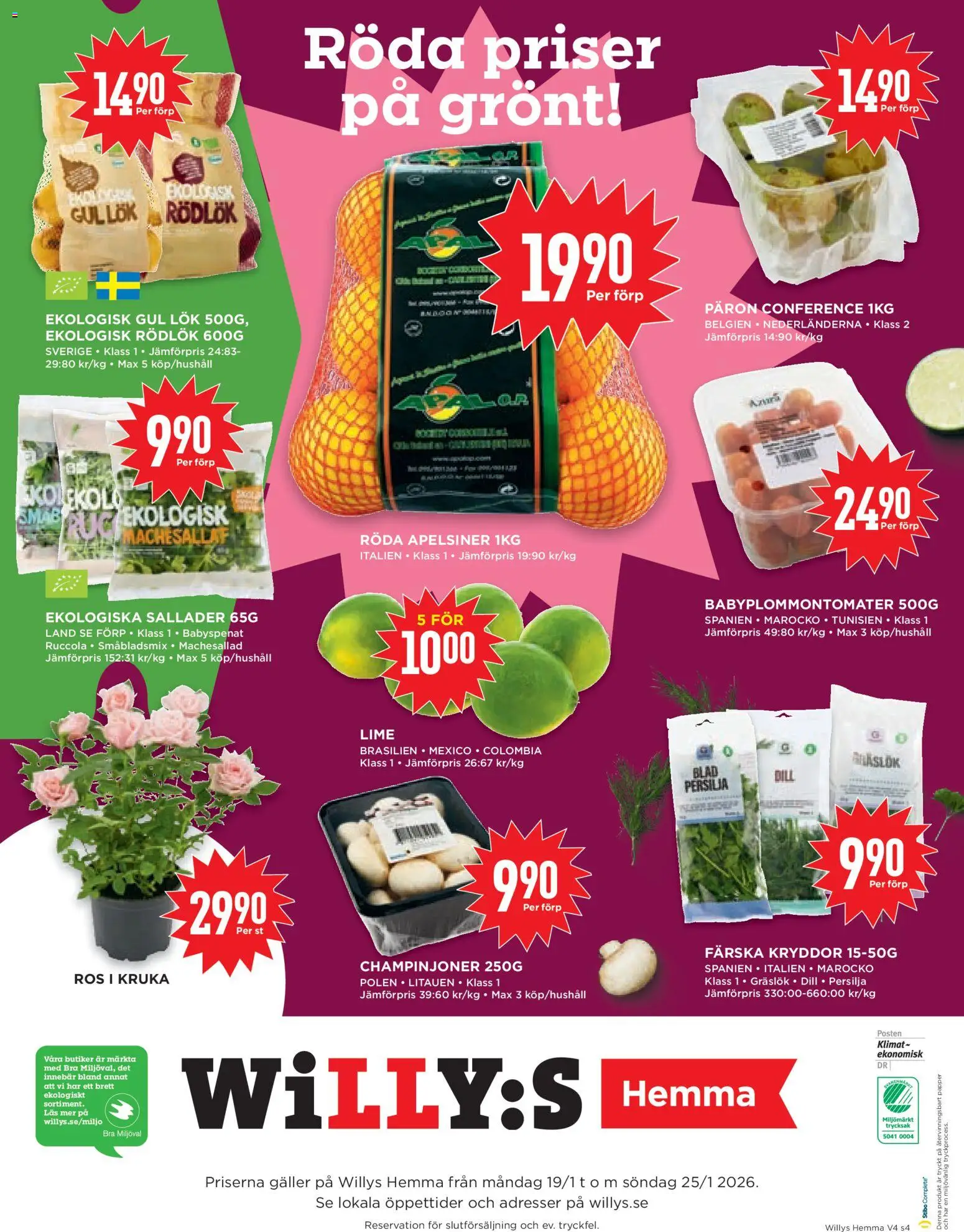 Willys reklamblad aktuell från 19.01.2026 | Sida: 4 | Produkter: Kruka, Rödlök, Papper, Ruccola