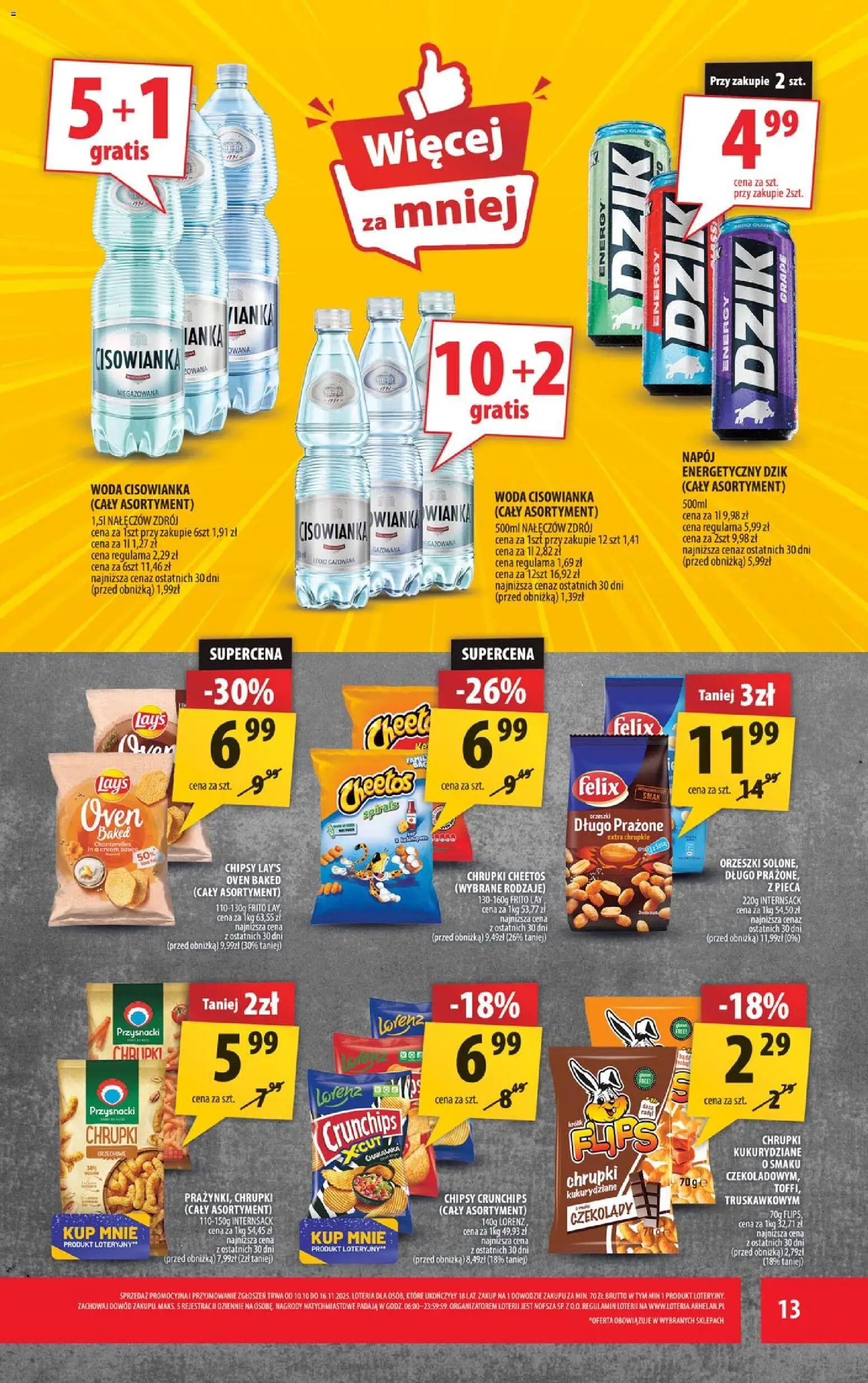 Arhelan Gazetka od 07.11.2025 | Strona: 13 | Produkty: Czekolady, Chipsy, Chrupki, Woda