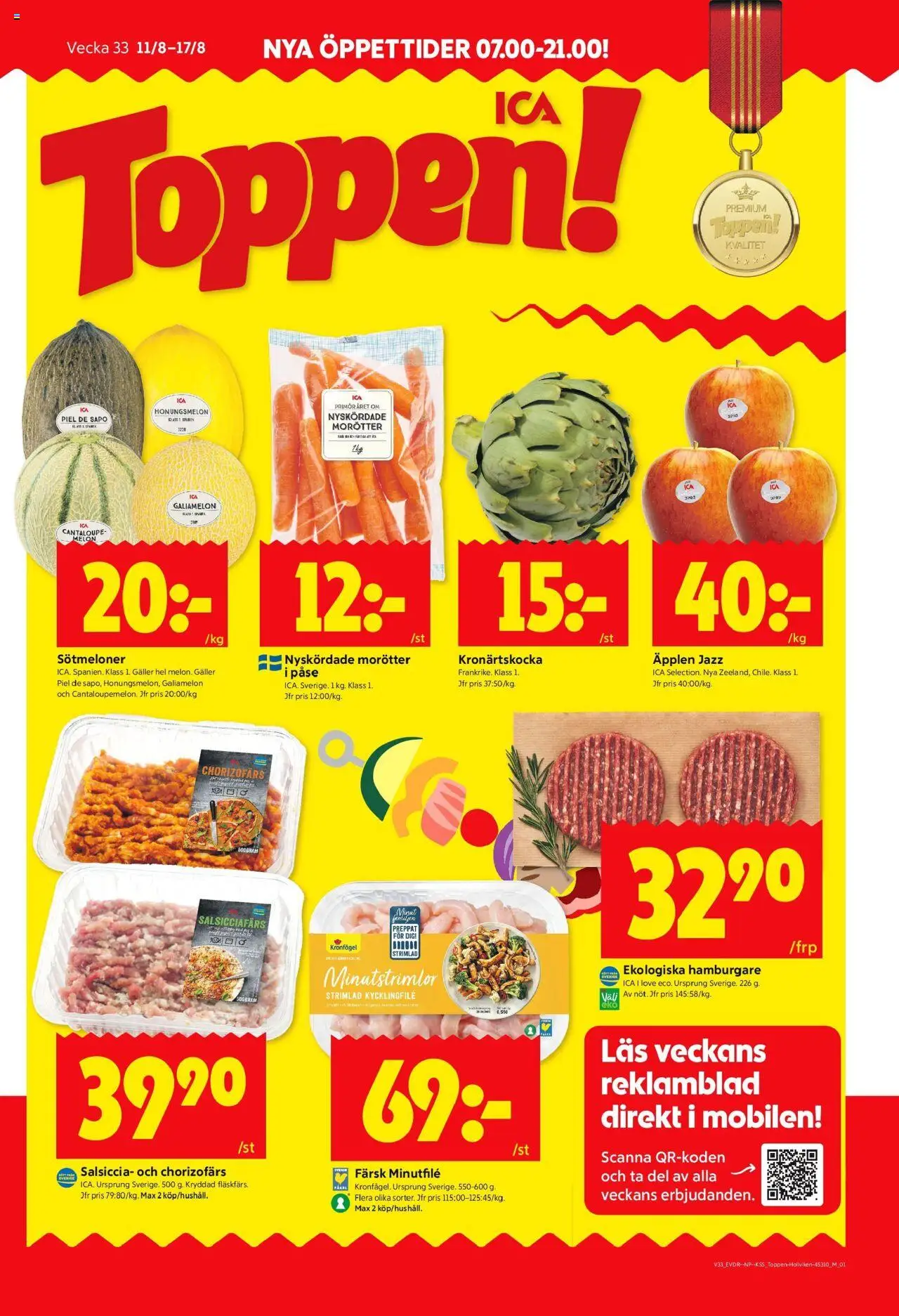 ICA Kvantum reklamblad aktuell från 11.08.2025 | Sida: 1 | Produkter: Cantaloupe, Kycklingfile, Äpplen, Kronärtskocka
