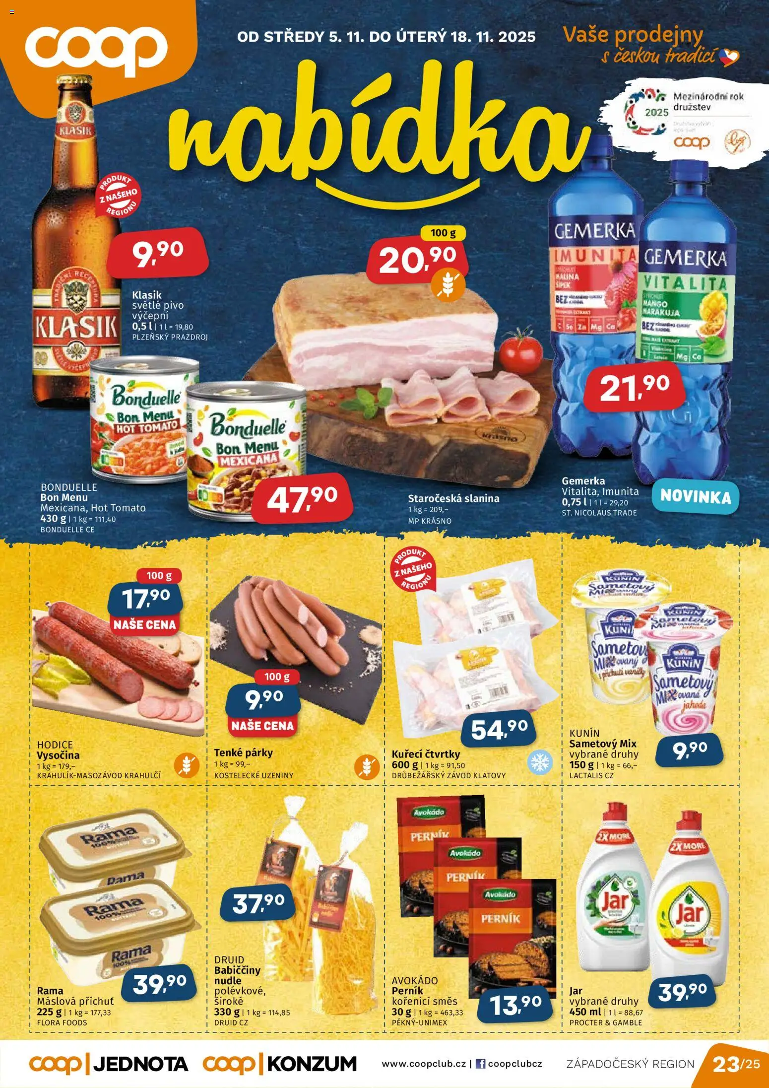 Coop leták - Západočeský region od 05.11.2025 | Strana: 1 | Produkty: Kuřecí čtvrtky, Gemerka, Rama, Nudle