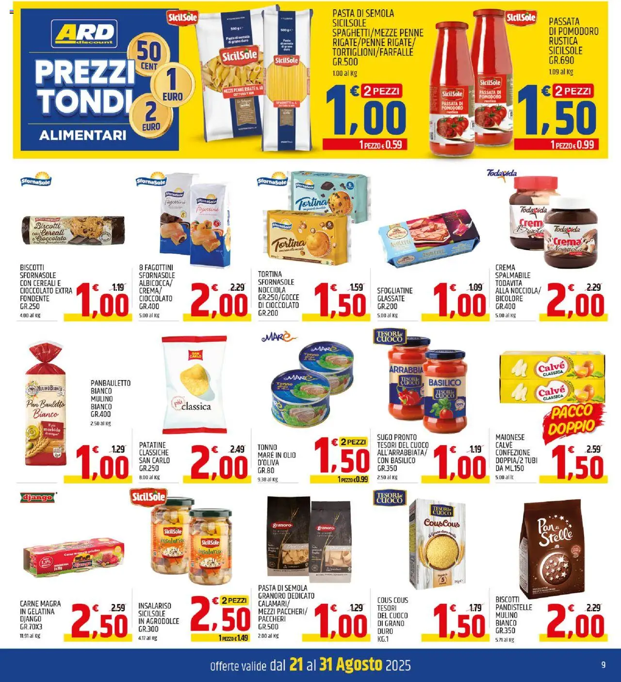 Volantino ARD Discount del 21.08.2025 | Pagina: 9 | Prodotti: Crema, Biscotti, Paccheri, Penne