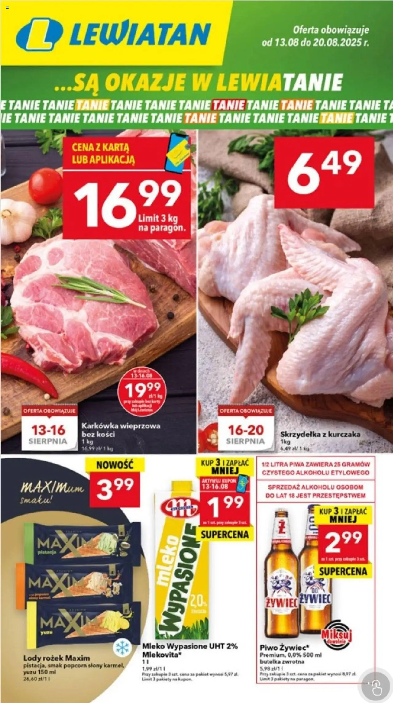 Lewiatan gazetka - Gdańsk od 13.08.2025 | Strona: 1 | Produkty: Mleko wypasione, Karkówka, Karkówka wieprzowa, Mleko