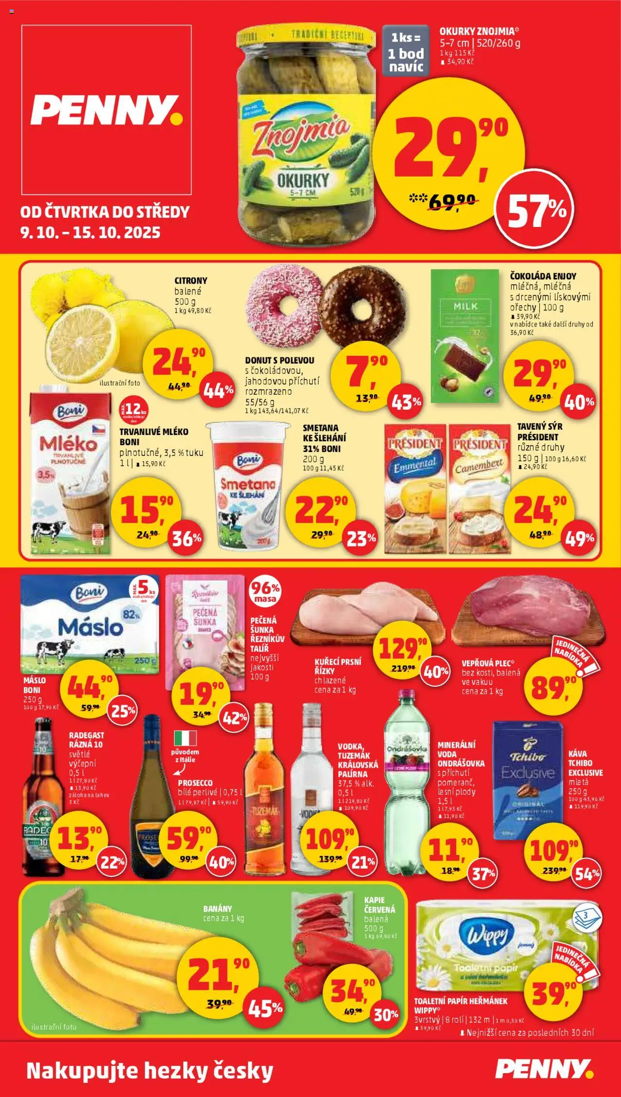 Penny Market leták - Čtvrtečník od 09.10.2025 | Strana: 1 | Produkty: Čokoláda, Šunka, Banány, Camembert