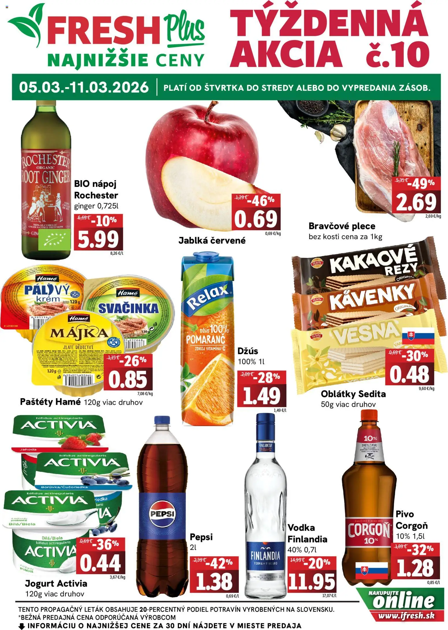 Nové Fresh akcie – leták je platný od 05.03.2026 | Strana: 1 | Produkty: Corgoň, Krém, Vodka, Pepsi