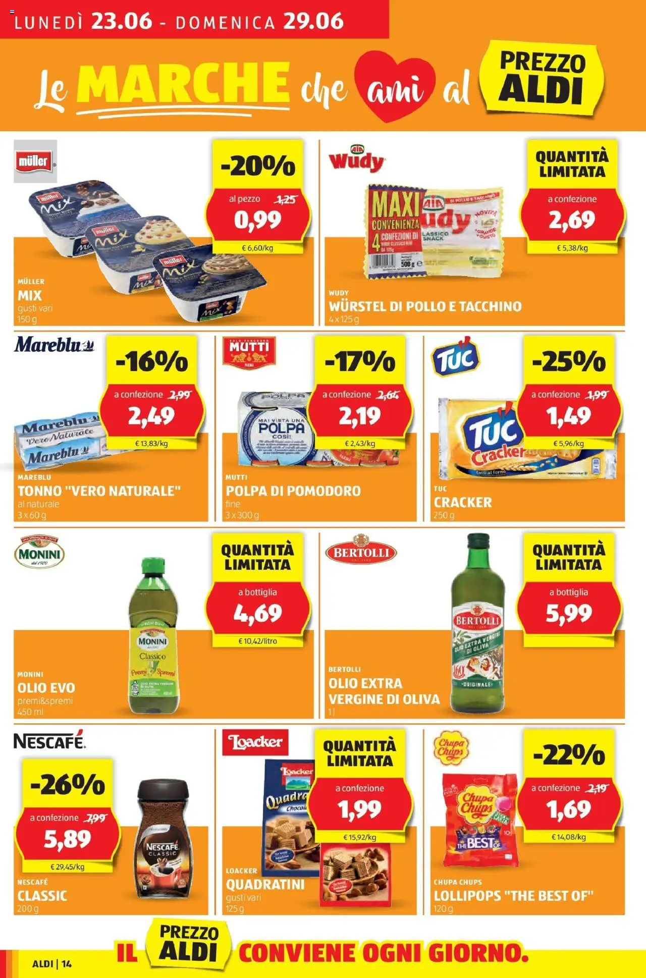 Volantino Aldi del 22.06.2025 | Pagina: 14 | Prodotti: Pollo, Pomodoro, Wurstel, The