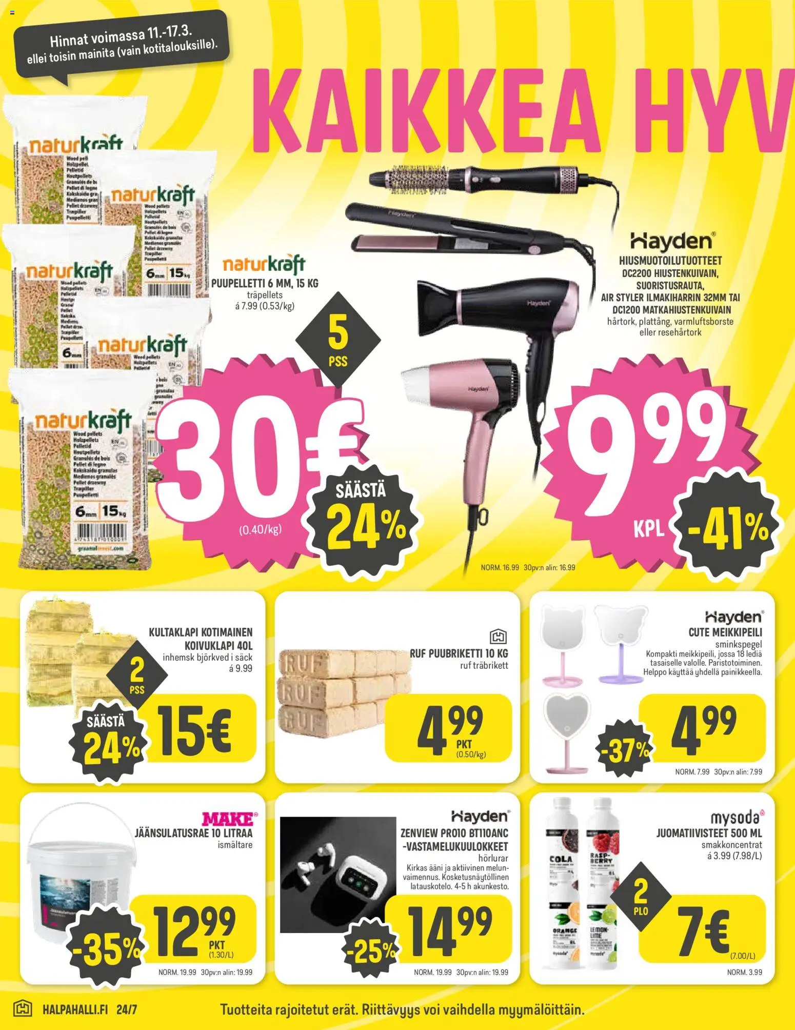 Halpa Halli tarjoukset – voimassa 11.03.2026 alkaen | Sivu: 4 | Tuotteet: Ilmakiharrin, Vastamelukuulokkeet, Meikkipeili, Voi