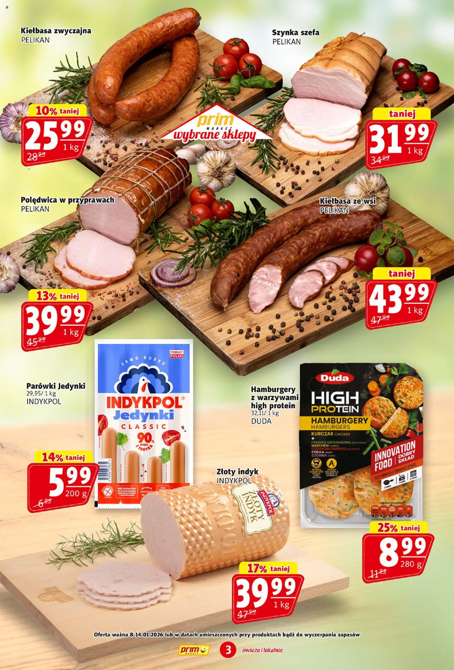 Prim Market Gazetka od 08.01.2026 | Strona: 3 | Produkty: Kiełbasa, Kurczak, Hamburgery, Papryka