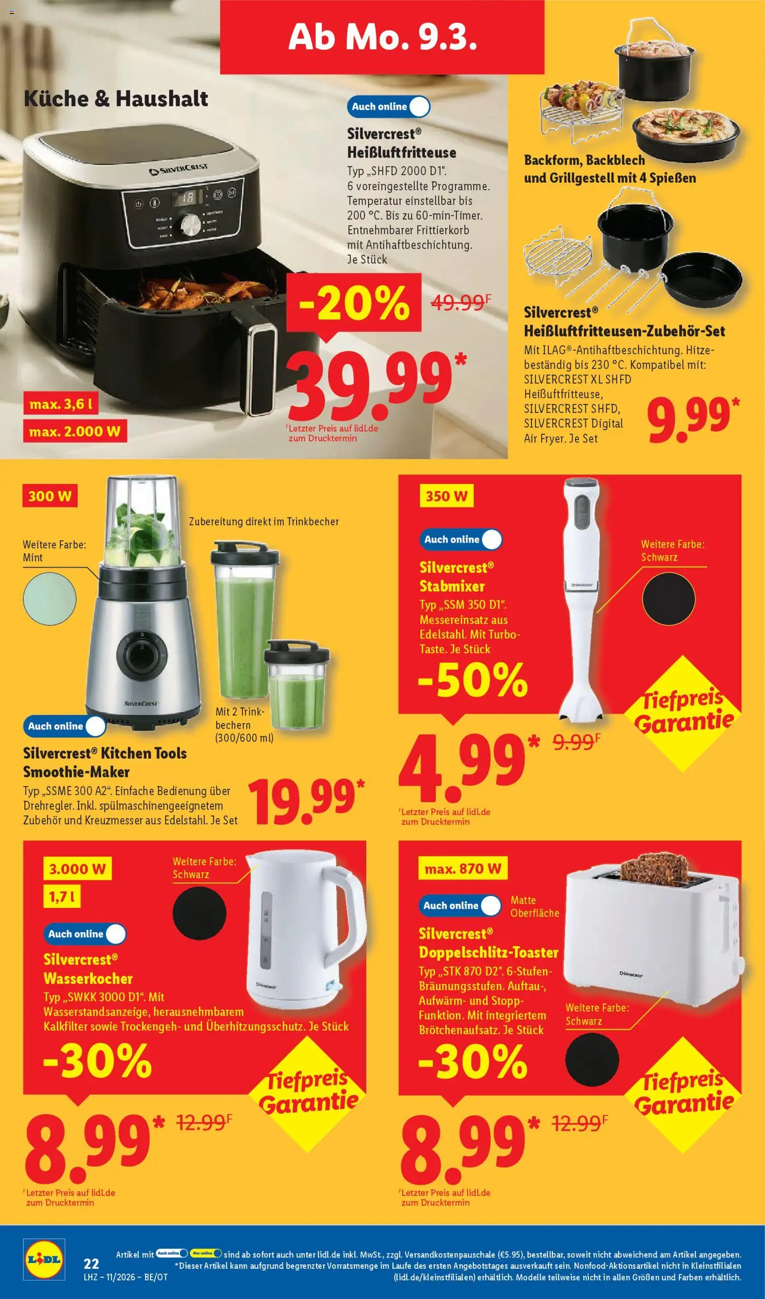 Lidl Prospekt Zossen – gültig ab 09.03.2026 | Seite: 40 | Produkte: Wasserkocher, Küche, Stabmixer, Heißluftfritteuse