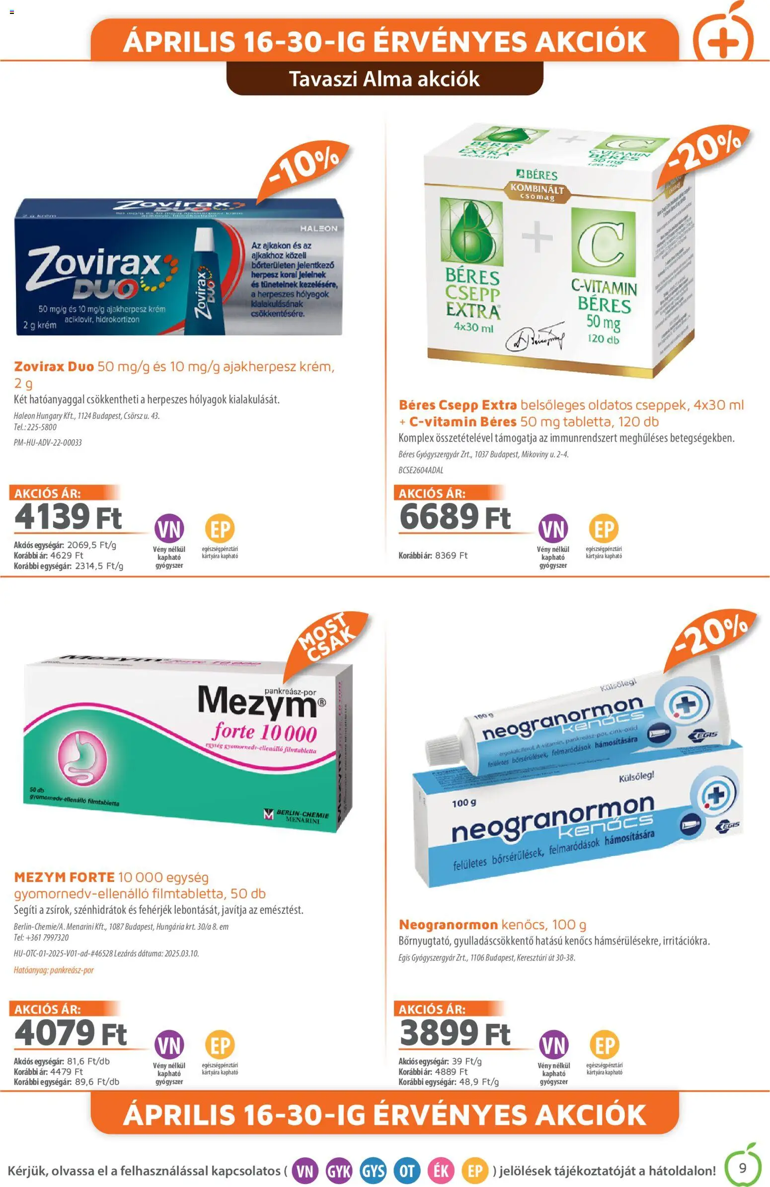 Alma Gyógyszertárak akciós ujság - amely érvényes a következő dátumtól: 01.04.2026 | Oldal: 9 | Termékek: Béres csepp, Alma