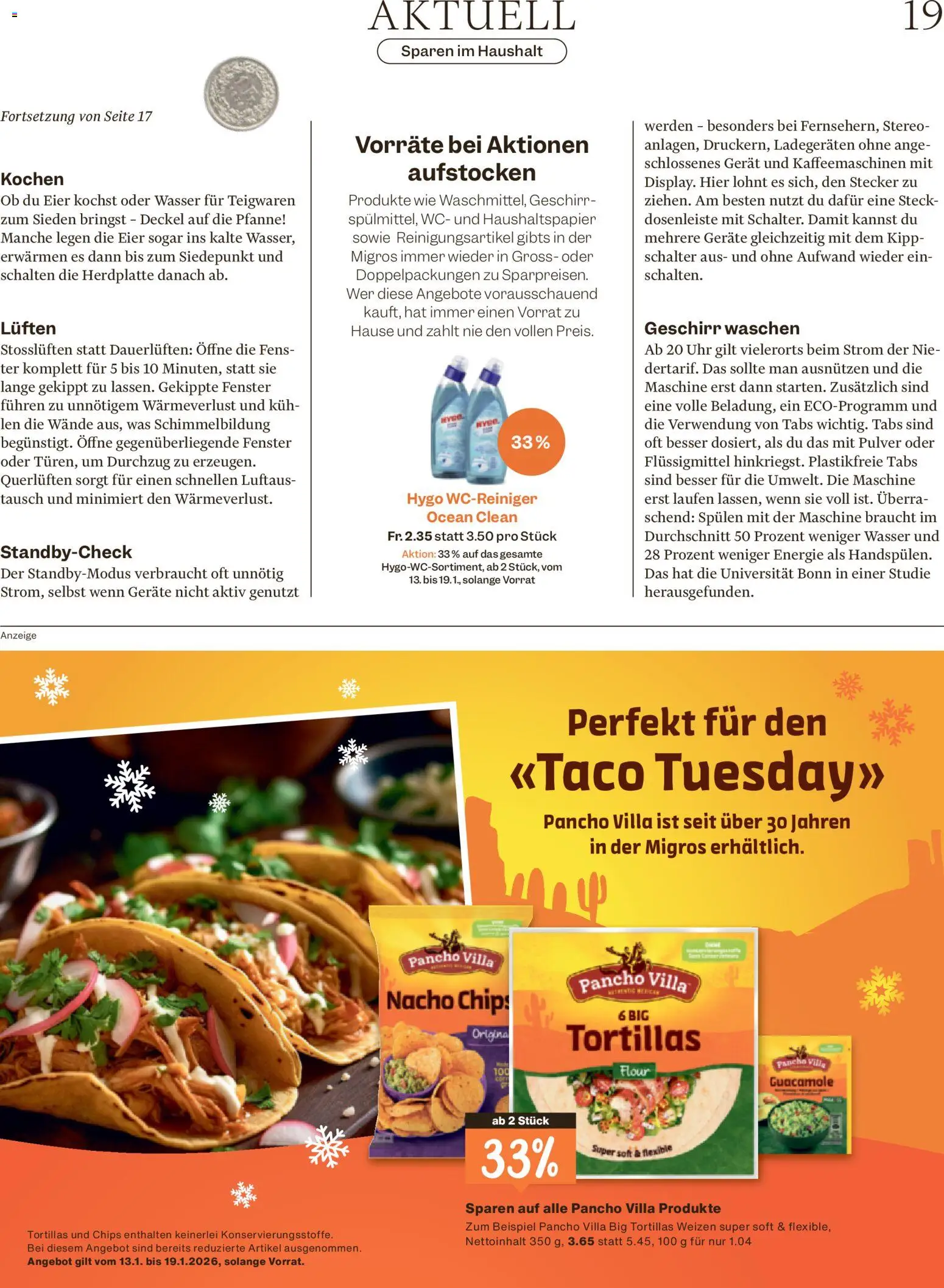 Migros Magazin – gültig ab 12.01.2026 | Seite: 19 | Produkte: Eier, Teigwaren, Chips, Uhr