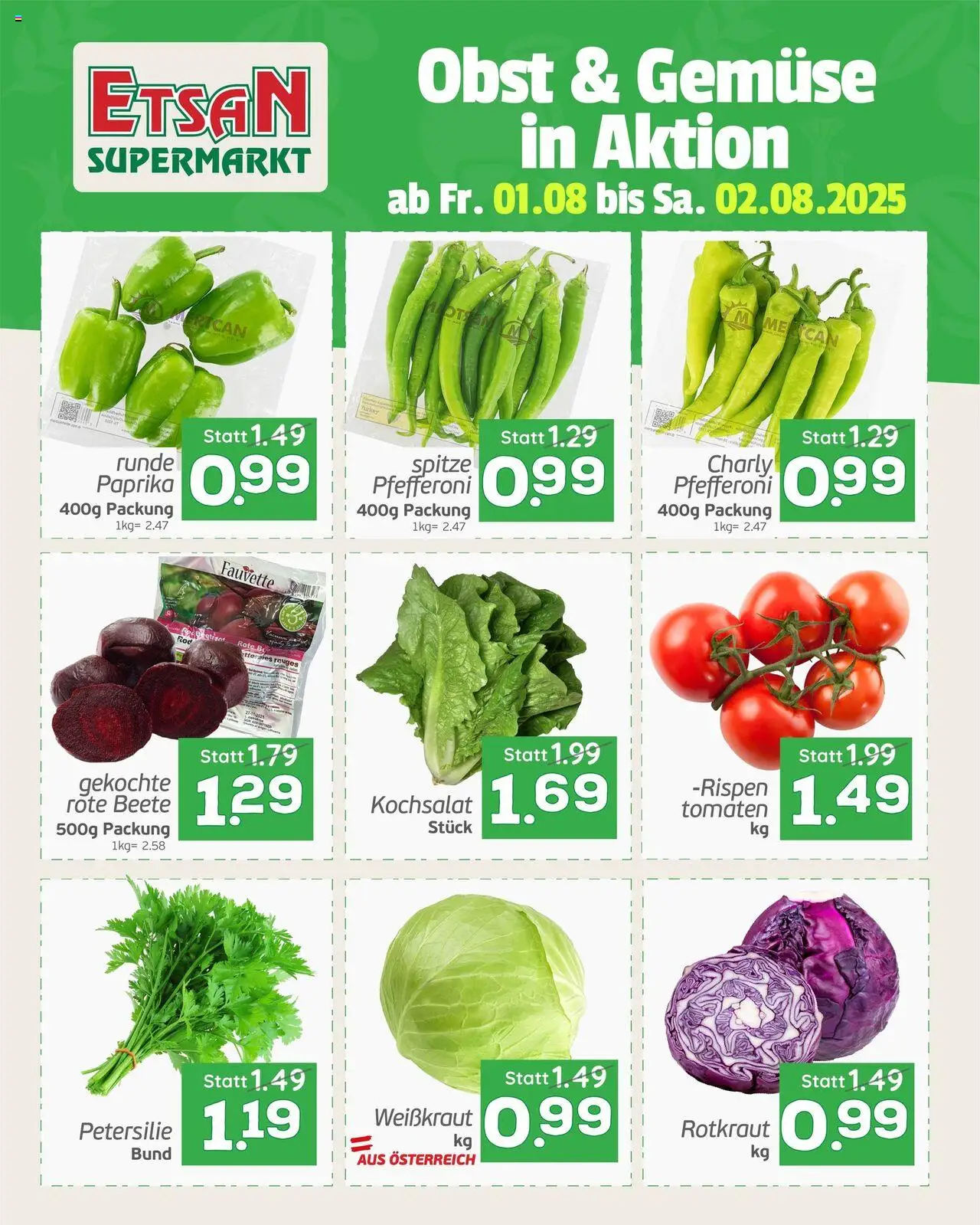 ETSAN Flugblatt gültig ab 01.08.2025 | Seite: 1 | Produkte: Obst, Rote Beete, Petersilie, Tomaten