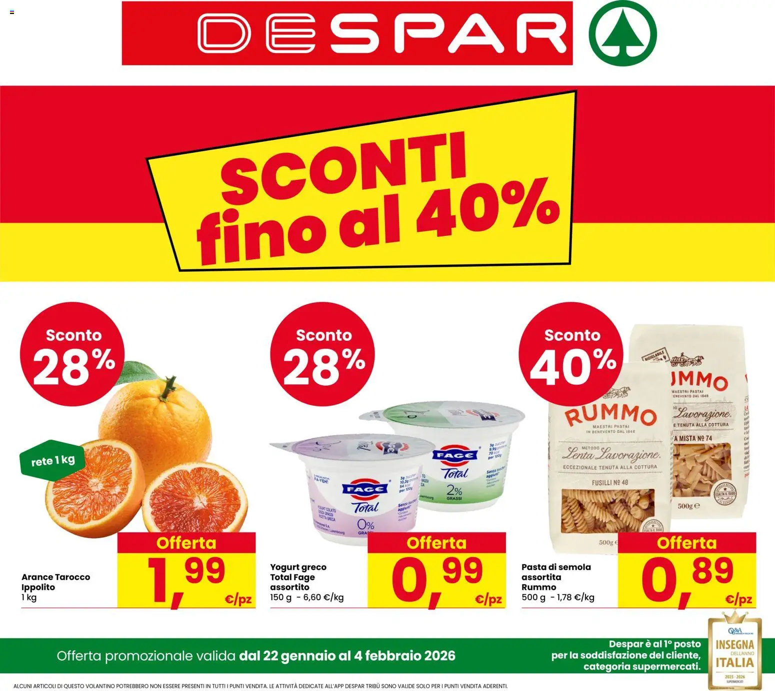 Volantino Despar del 22.01.2026 | Pagina: 1 | Prodotti: Yogurt, Arance, Pasta, Fusilli