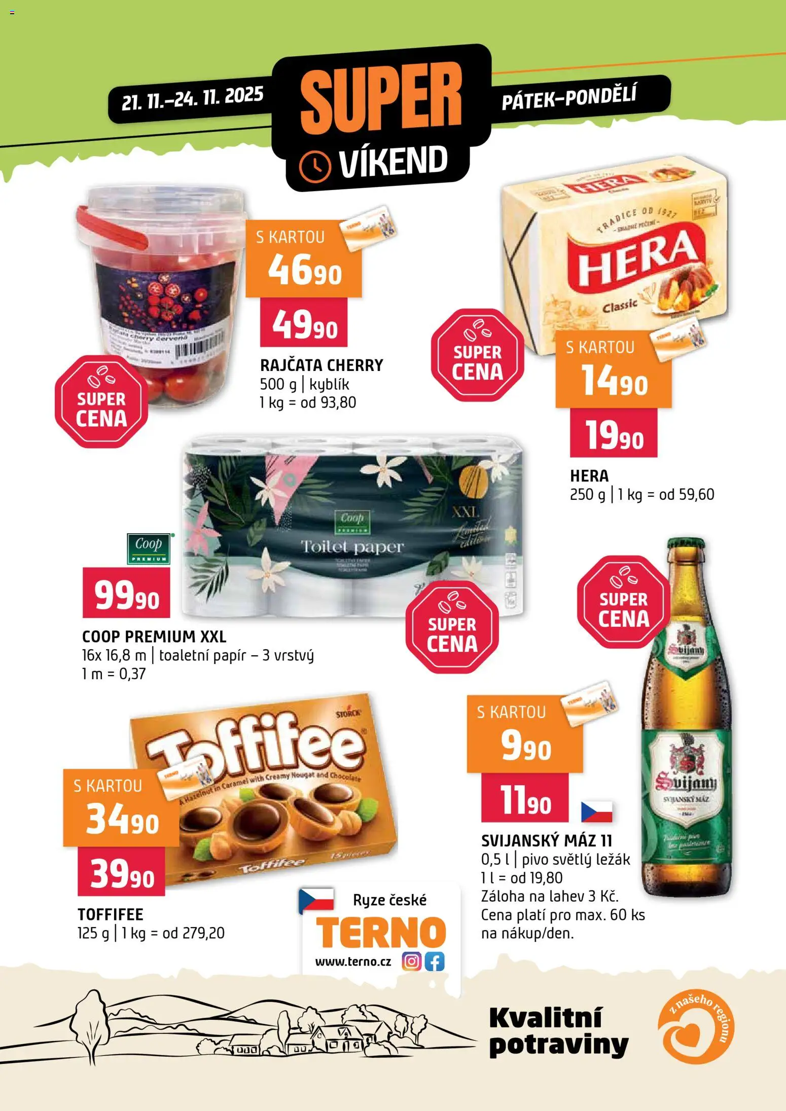Terno leták - Super víkend od 21.11.2025 | Strana: 1 | Produkty: Rajčata, Rýže, Toaletní papír, Láhev