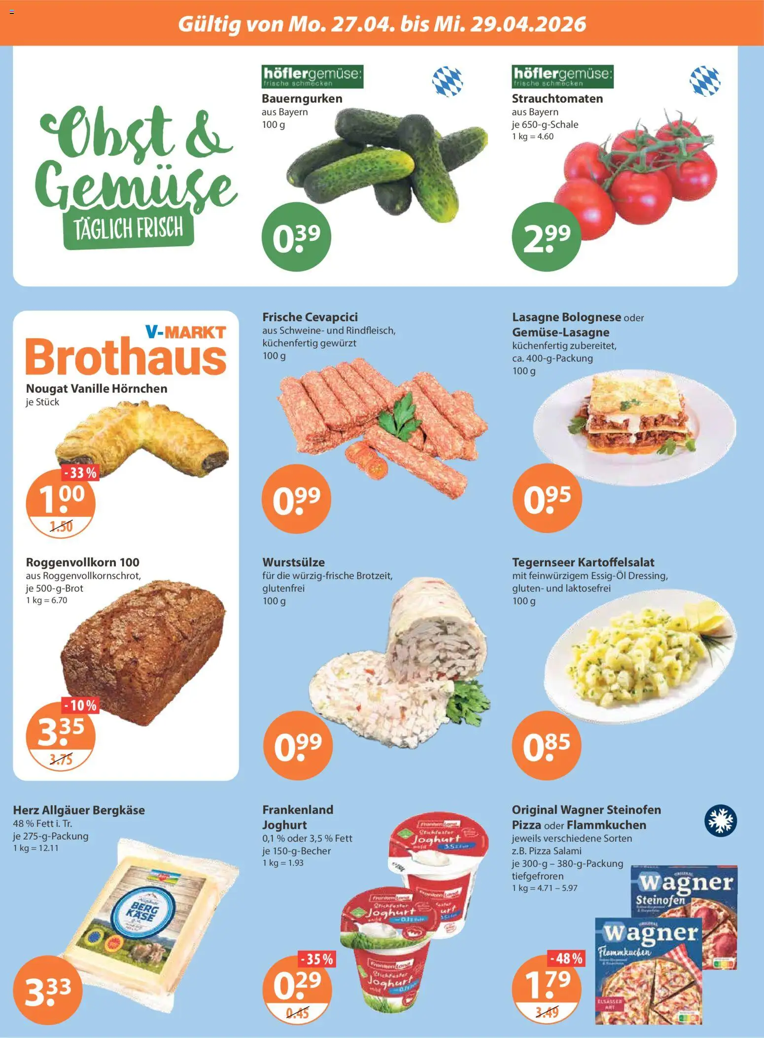 V-Markt München – gültig ab 27.04.2026 | Seite: 2 | Produkte: Käse, Cevapcici, Gemüse, Salami