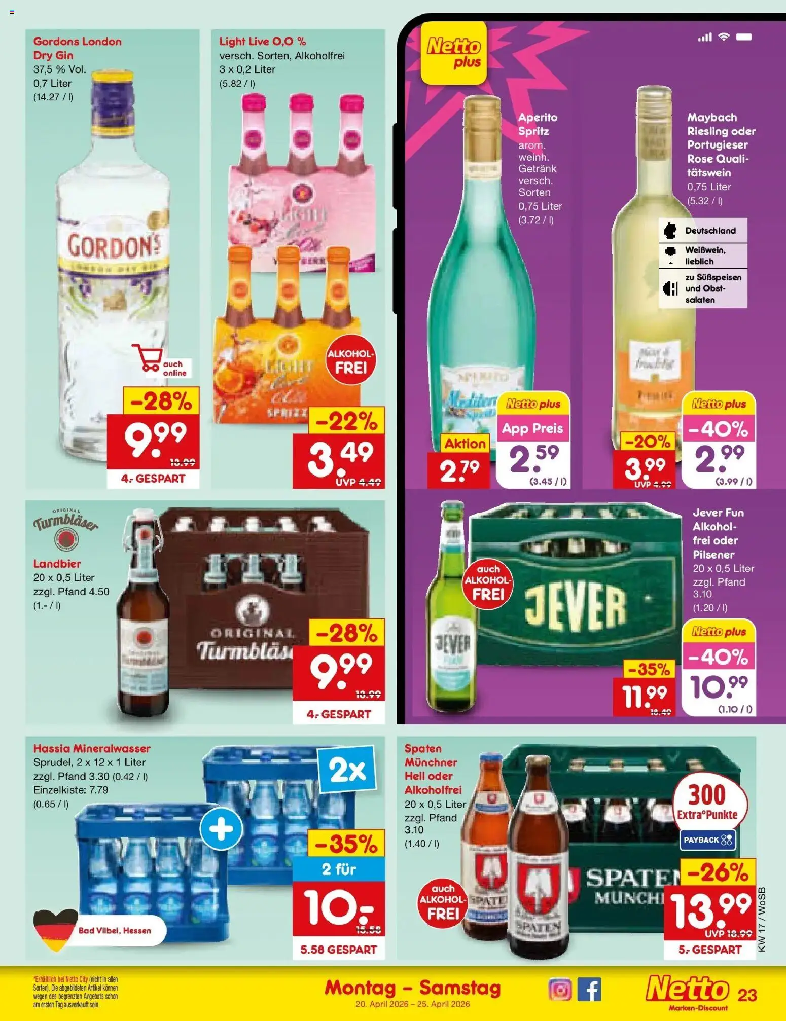 Netto Marken-Discount Prospekt Mannheim	 – gültig ab 20.04.2026 | Seite: 30 | Produkte: Mineralwasser, Obst, Jever, Gin