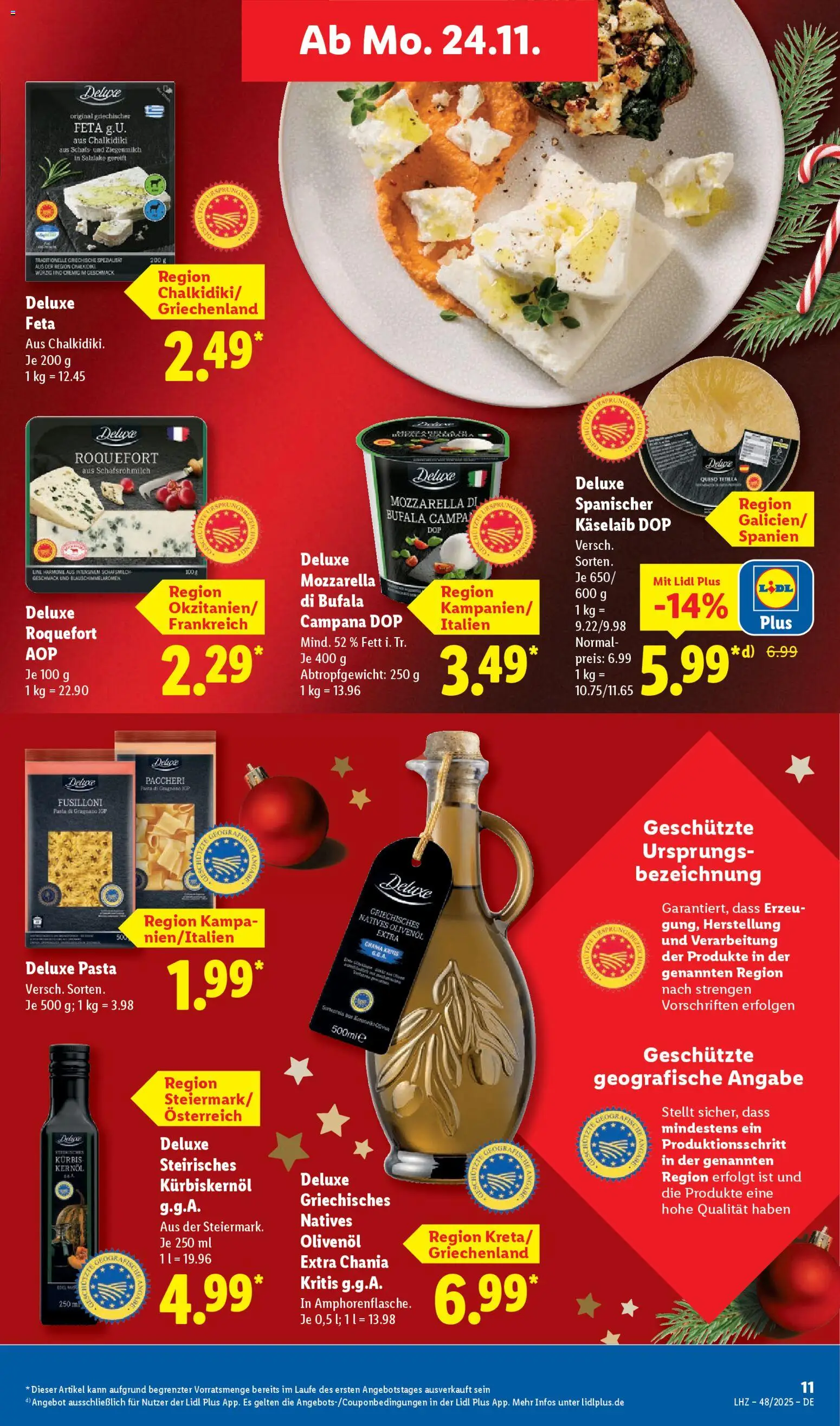 Lidl Prospekt Grimma – gültig ab 24.11.2025 | Seite: 13 | Produkte: Kürbiskernöl, Feta, Olivenol, Kürbis