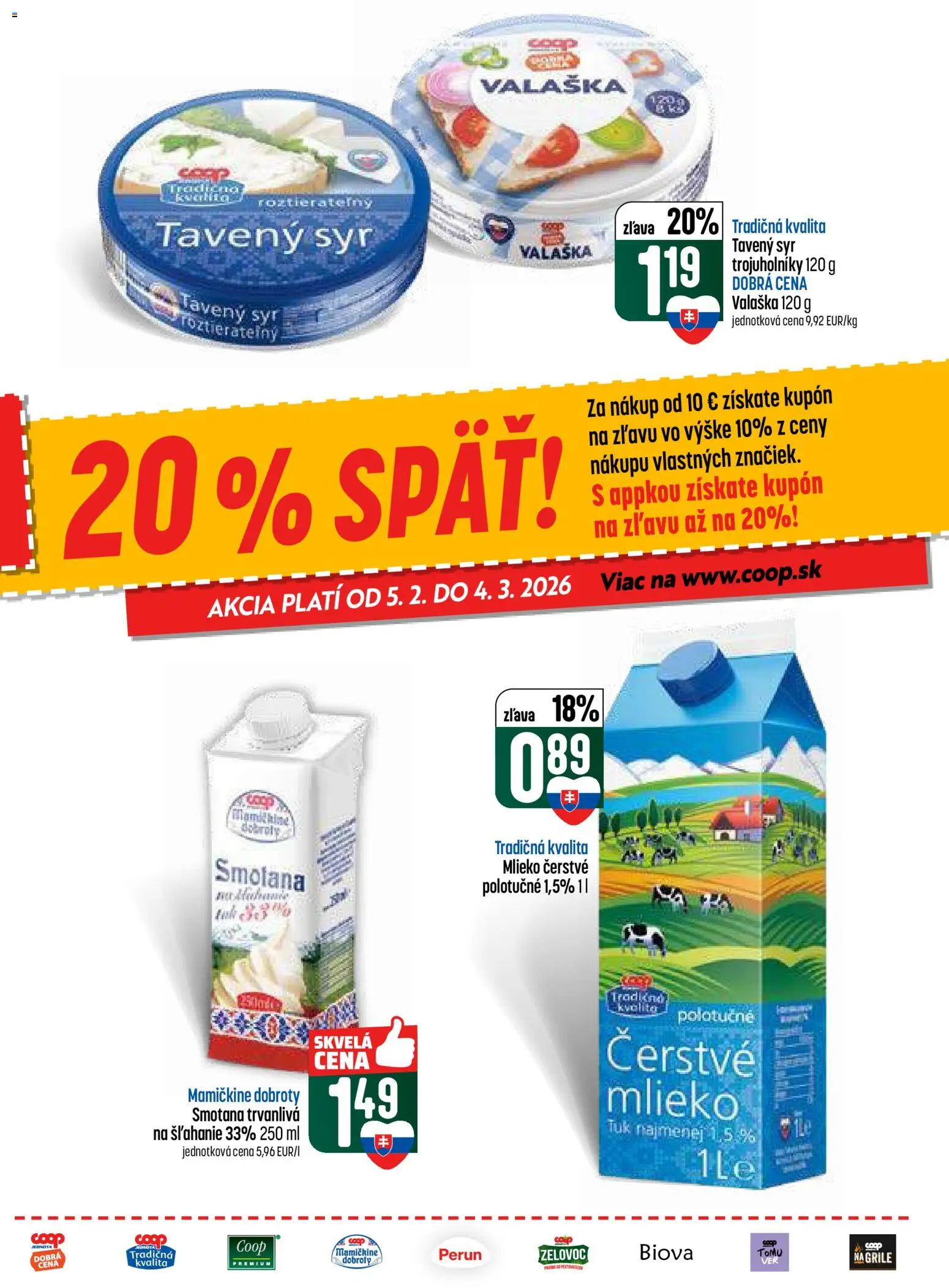 Nové COOP Jednota akcie – leták je platný od 19.02.2026 | Strana: 9 | Produkty: Mlieko, Syr, Smotana