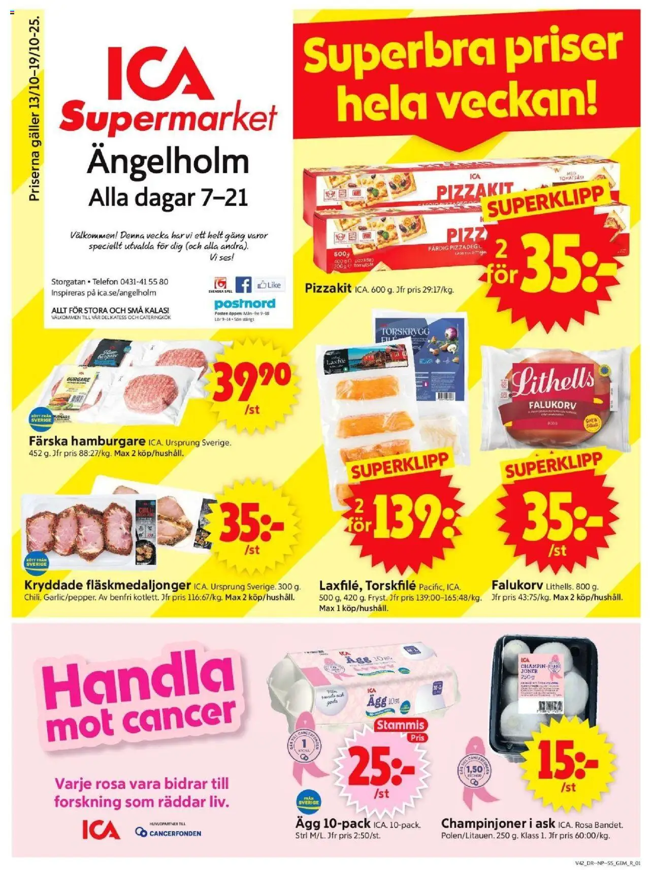 ICA Supermarket reklamblad aktuell från 13.10.2025 | Sida: 1 | Produkter: Torskfile, Hamburgare, Ägg, Tomatsås