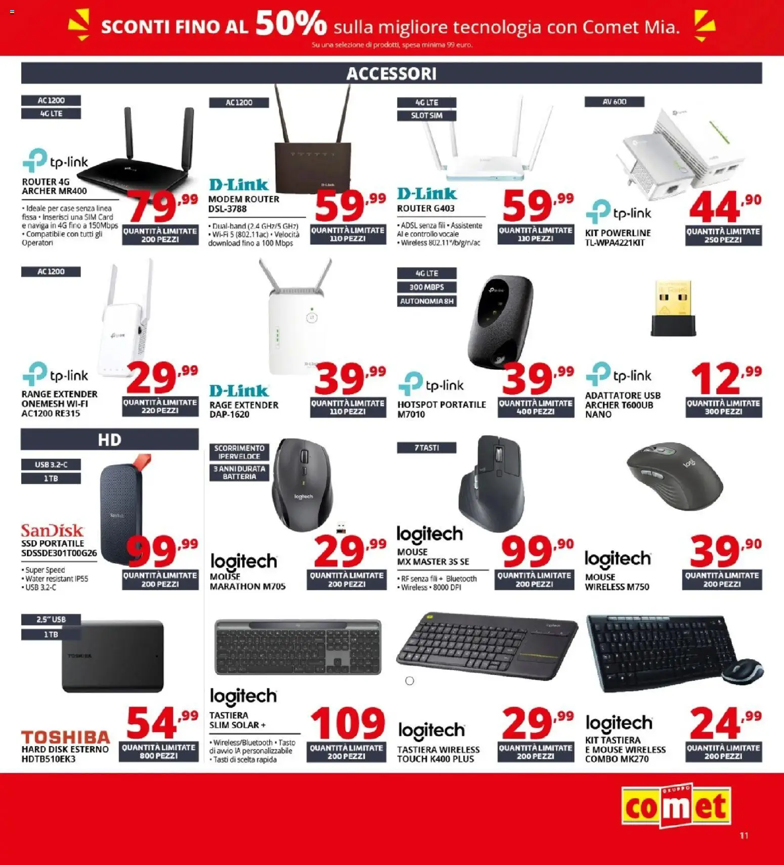 Volantino Comet del 02.01.2026 | Pagina: 11 | Prodotti: Router, Range extender, Mouse, Tastiera