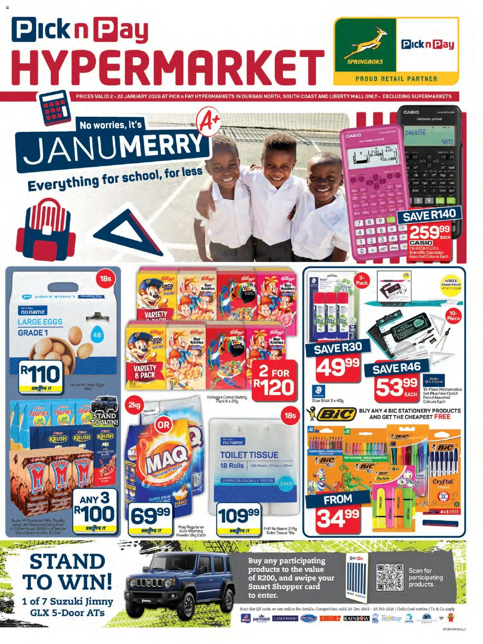 New Pick n Pay catalogue – valid from 02.01.2026 | Page: 1 | Products: Calculator, Toilet, Fruit, Washing powder